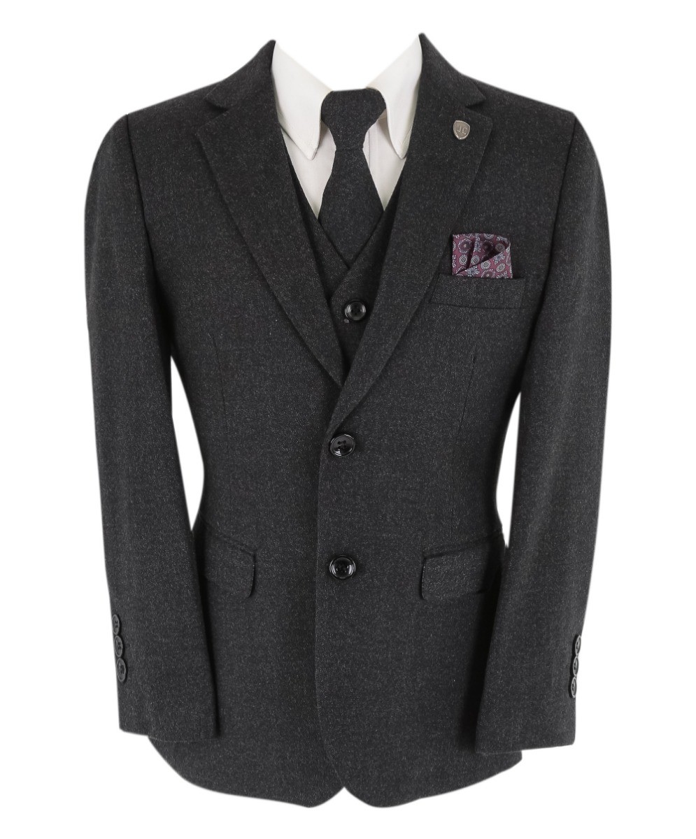Boys Husky Tweed Tailored Fit Grey Suit - ADAM