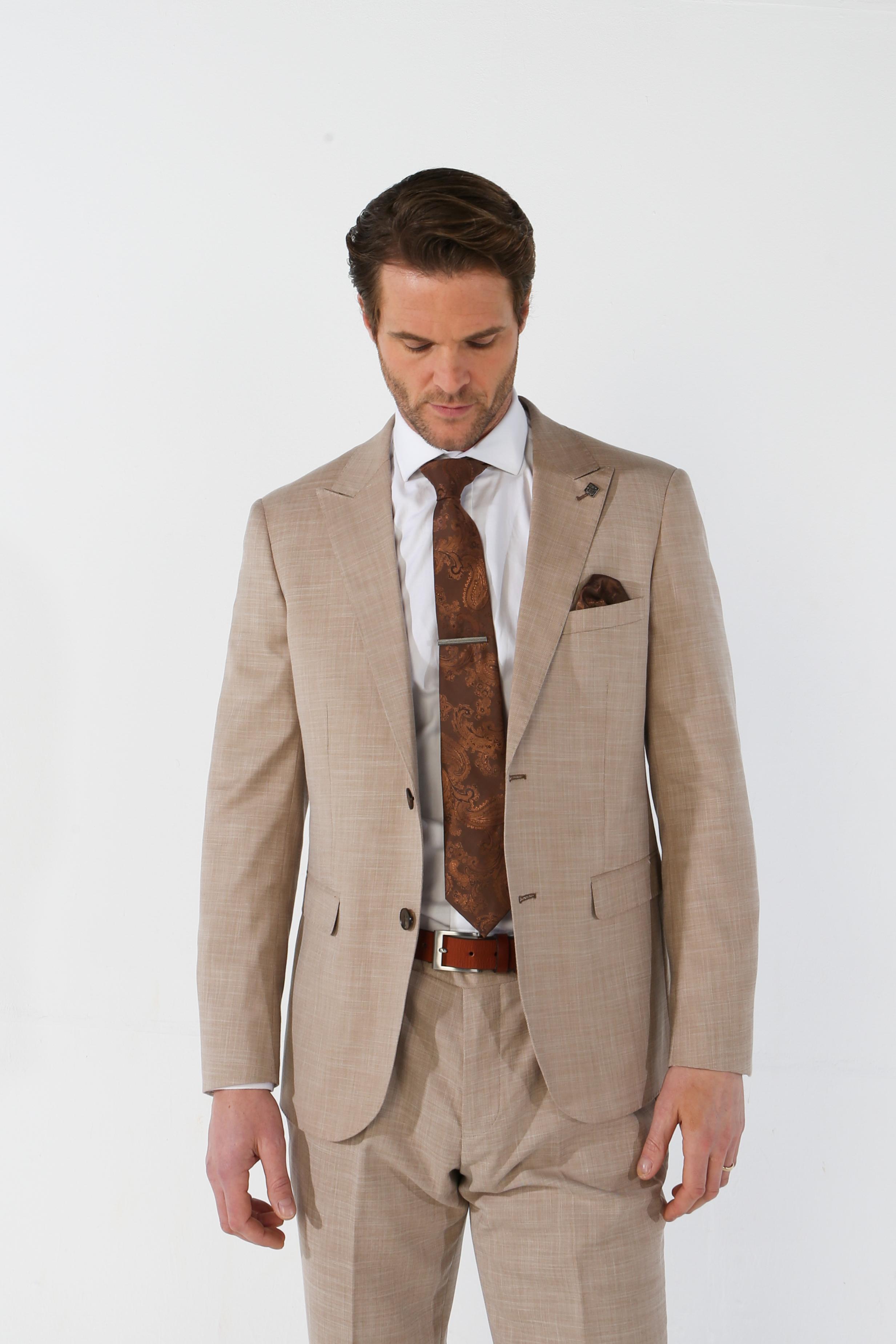 Men's Tailored Fit Plaid Suit Jacket - KURT - Beige