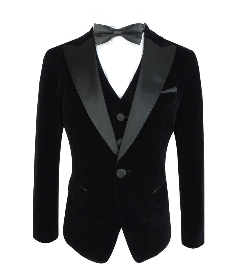 Boys Sheen Lapel Black Velvet Tuxedo Suit - Black