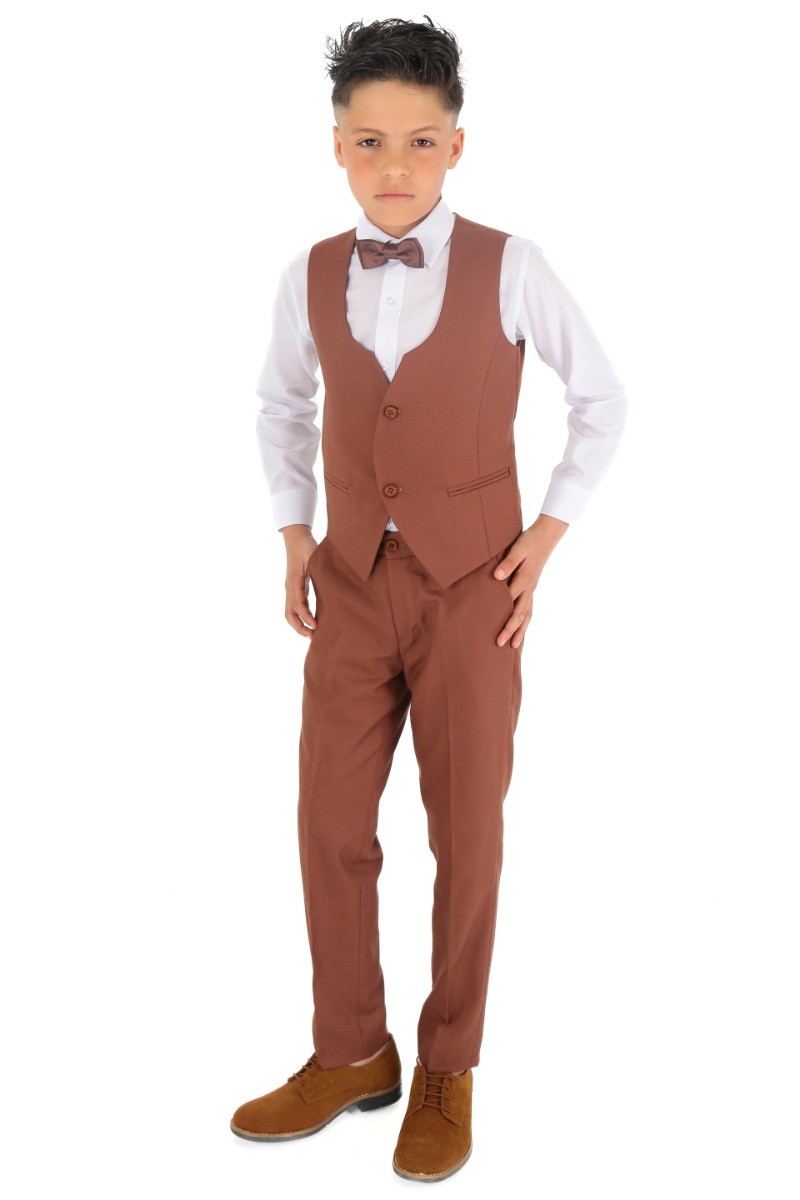 Boys Slim Fit Herringbone 8 Piece Suit Set - KING - Cinnamon Brown