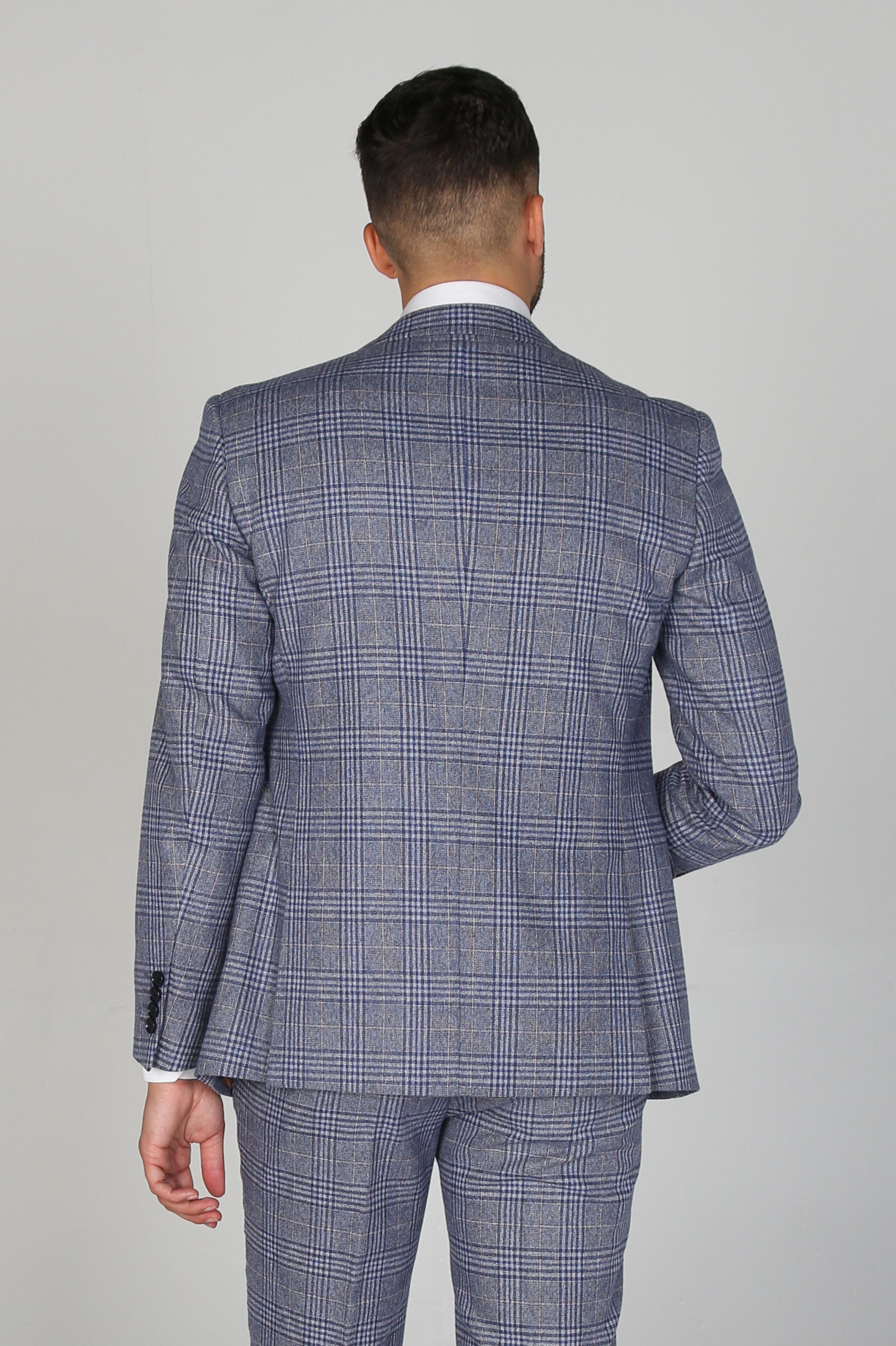 Men's Retro Check Tailored Fit Blue Suit Jacket - VIKTOR