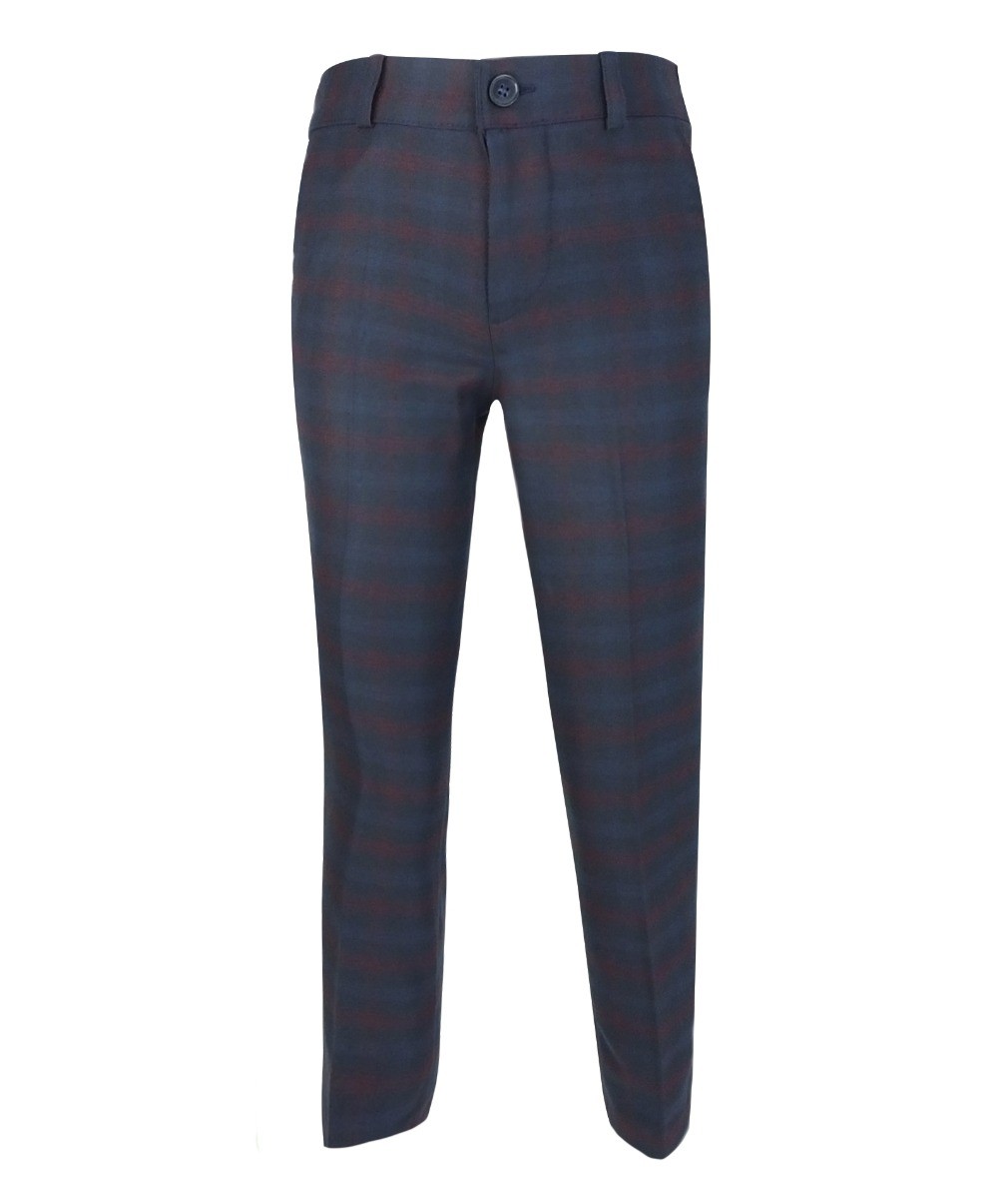 Boys Tailored Fit Retro Check Navy Suit