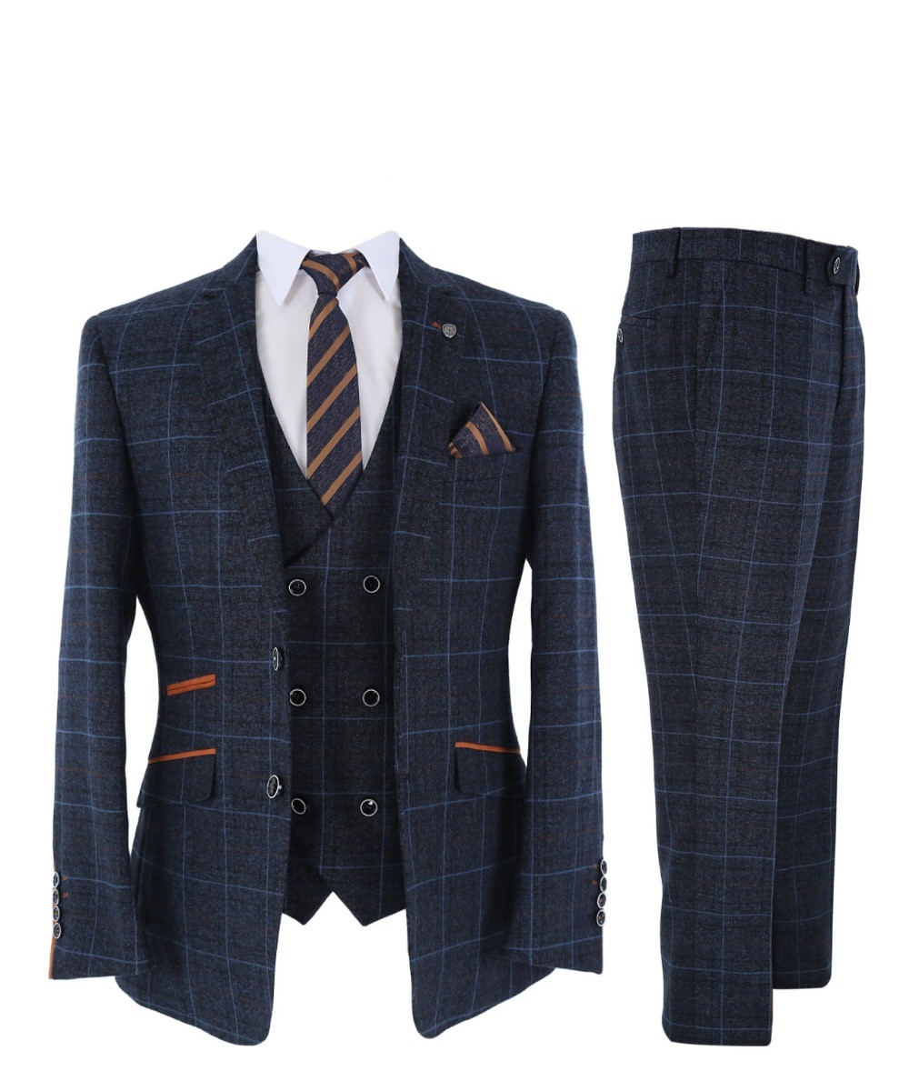 Men's Tailored Fit Retro Check Suit - ANTHONY NAVY - Navy Blue