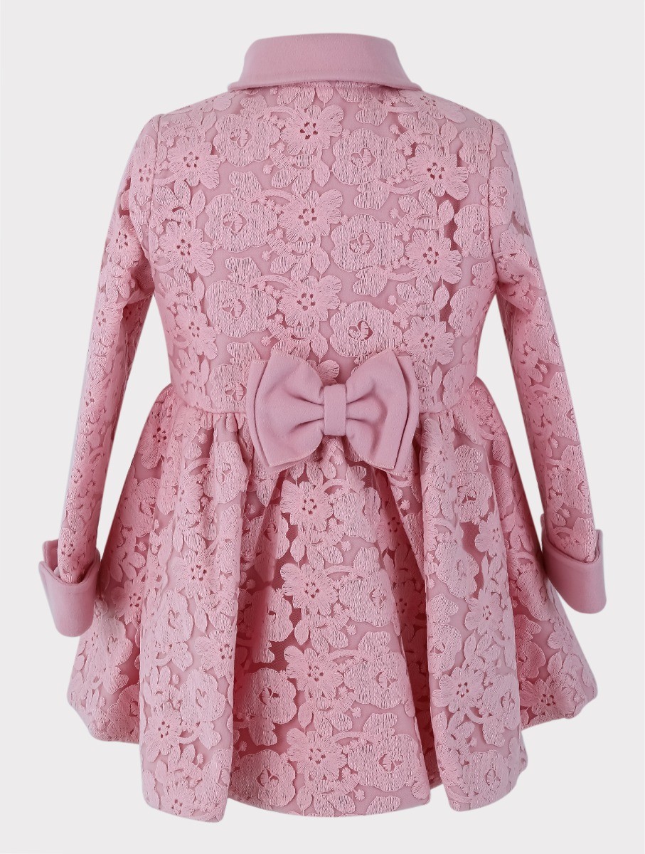 Girls Coat Floral Embroidered Lace 2 Piece Set - Pink