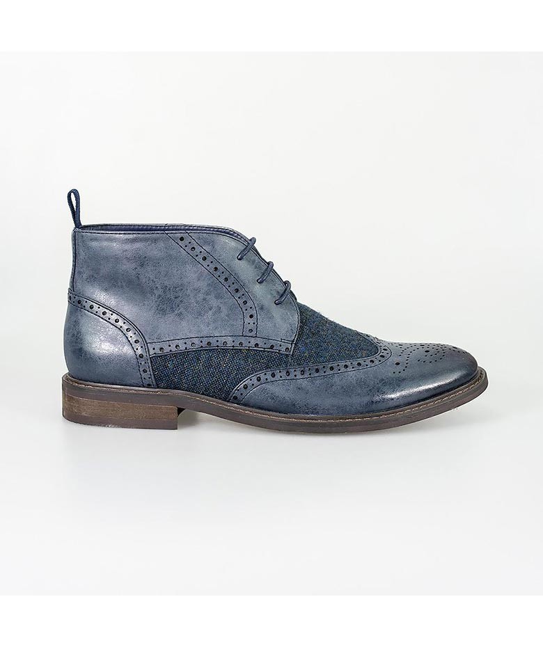 Men's Tweed Brogue Ankle Boots - CURTIS - Navy Blue
