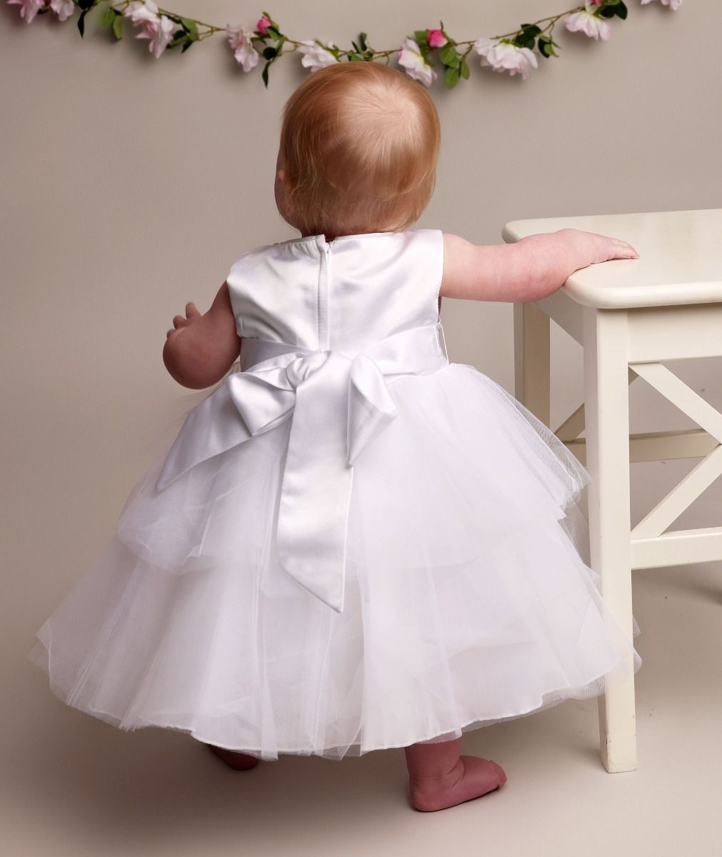Baby Girls Christening Dress with Satin Bow - K038 - White