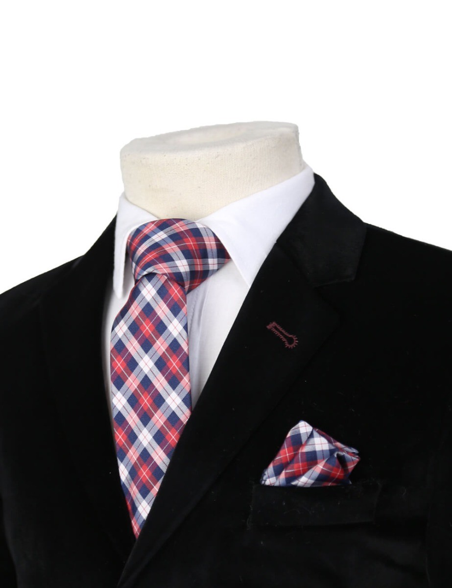 Boys Plaid Checkered Tie & Hankie Set - Red and Navy