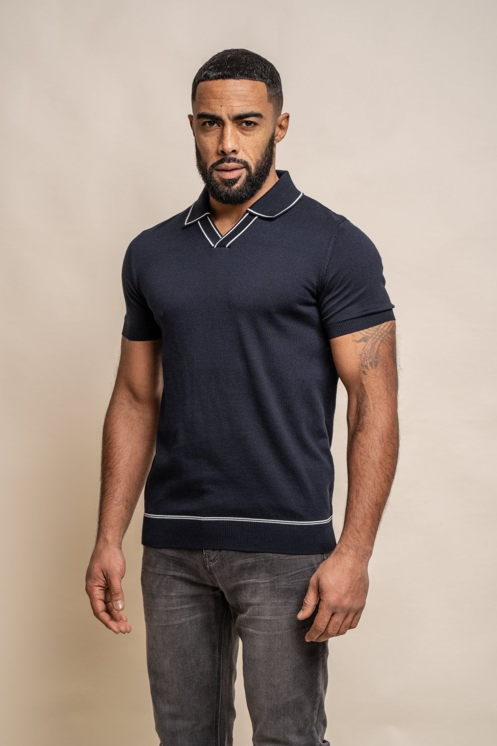 Men's Cotton Knitted Short Sleeve Polo T-shirt - SEPPI - Navy Blue