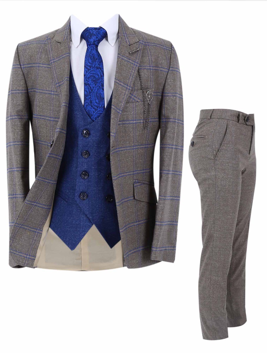 Boys Windowpane Check Slim Fit Suit Set - Light Brown