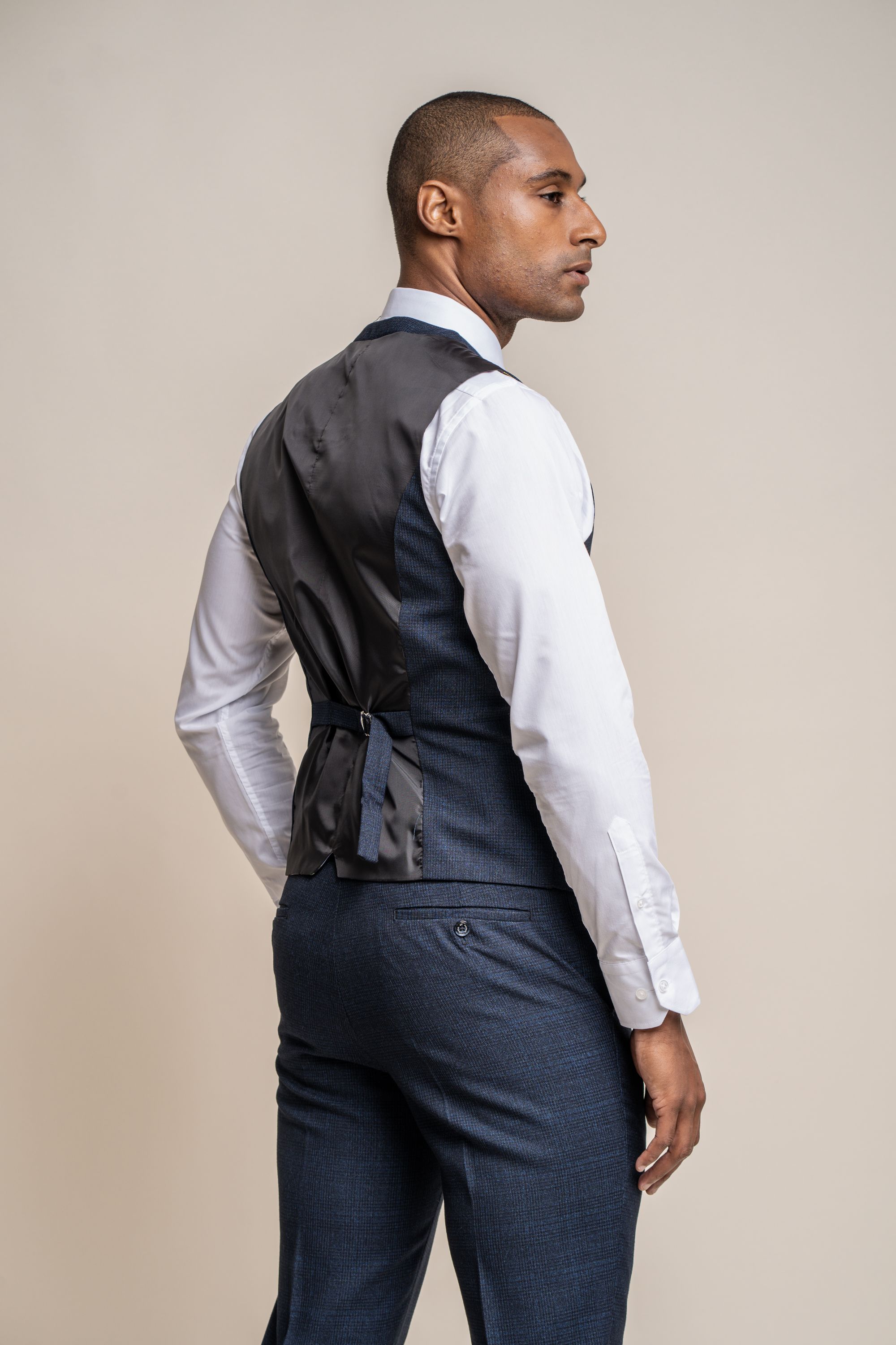 Men's Tweed Houndstooth Check Slim Fit Formal Waistcoat - CARIDI - Navy Blue