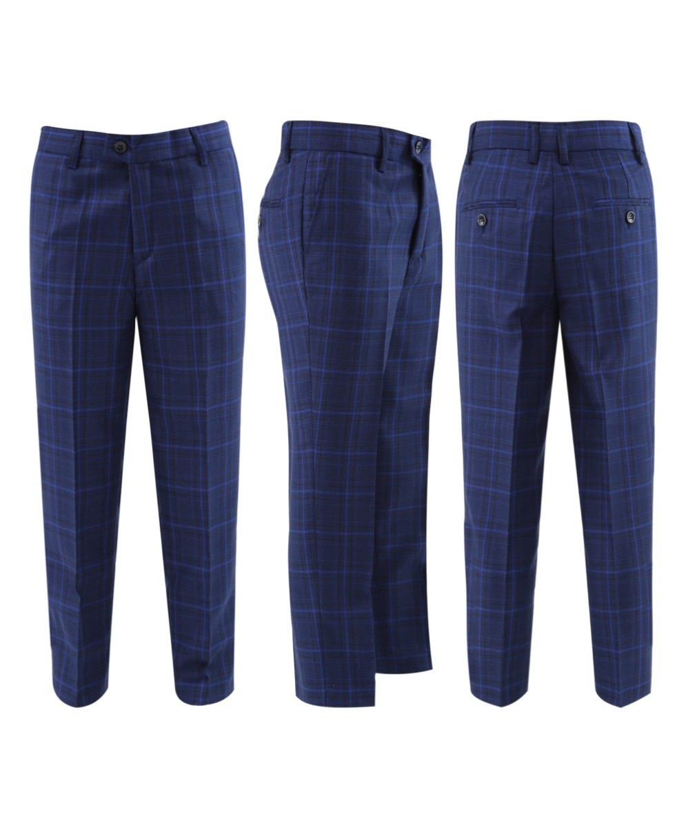Boys Retro Check Tailored Fit Blue Suit - MATTHEW - Dark Blue