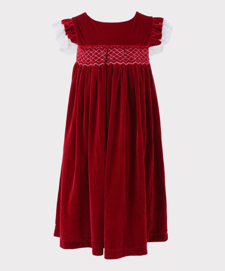 Girls Smocked Velvet Sleeping Gown 2 Pieces Set - Wine Red