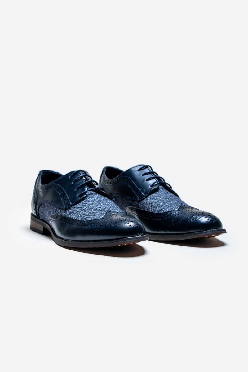 Men's Leather Tweed Retro Derby Brogue Shoes - Oliver - Navy Blue