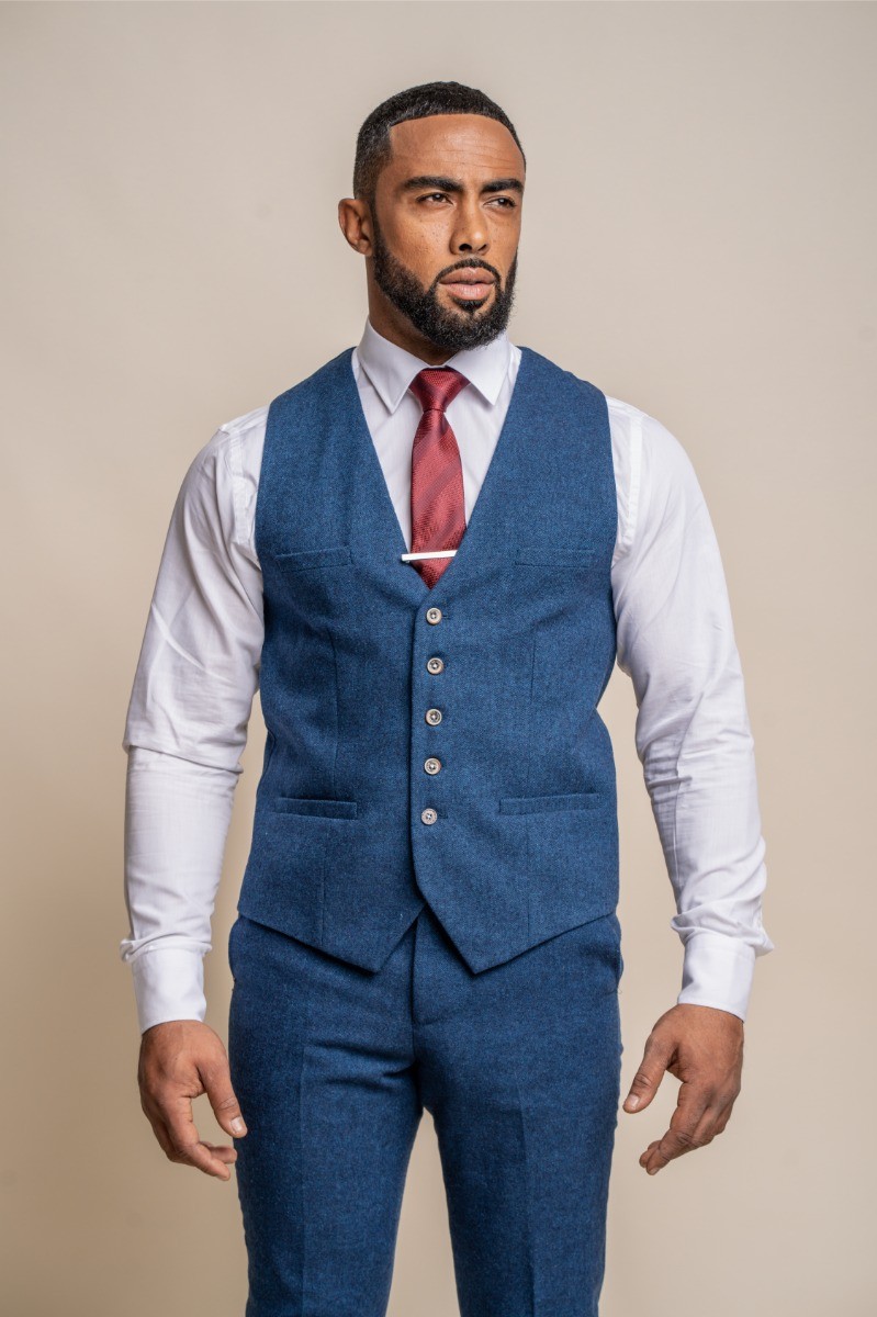 Men's Tweed Wool Slim Fit Formal Blue Waistcoat - ORSON 