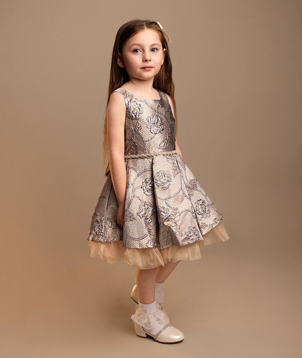 Girls' Blue Jacquard Pleated Dress with Bow Set - Sana