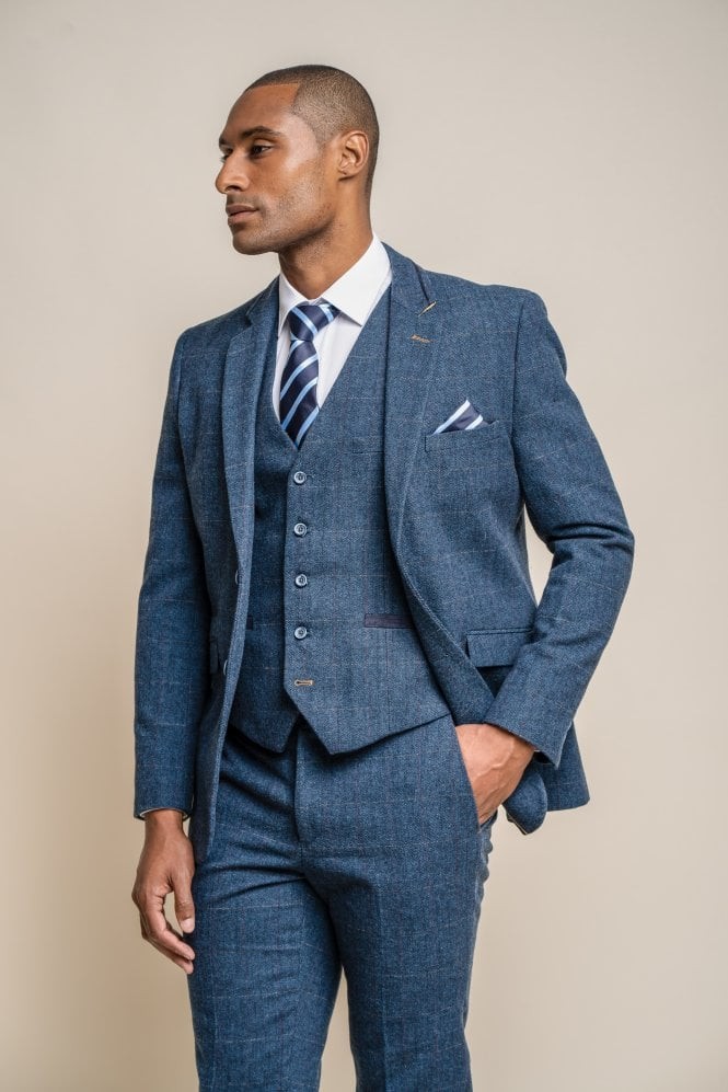 Men's Slim Fit Herringbone Tweed Blue Suit - CARNEGI