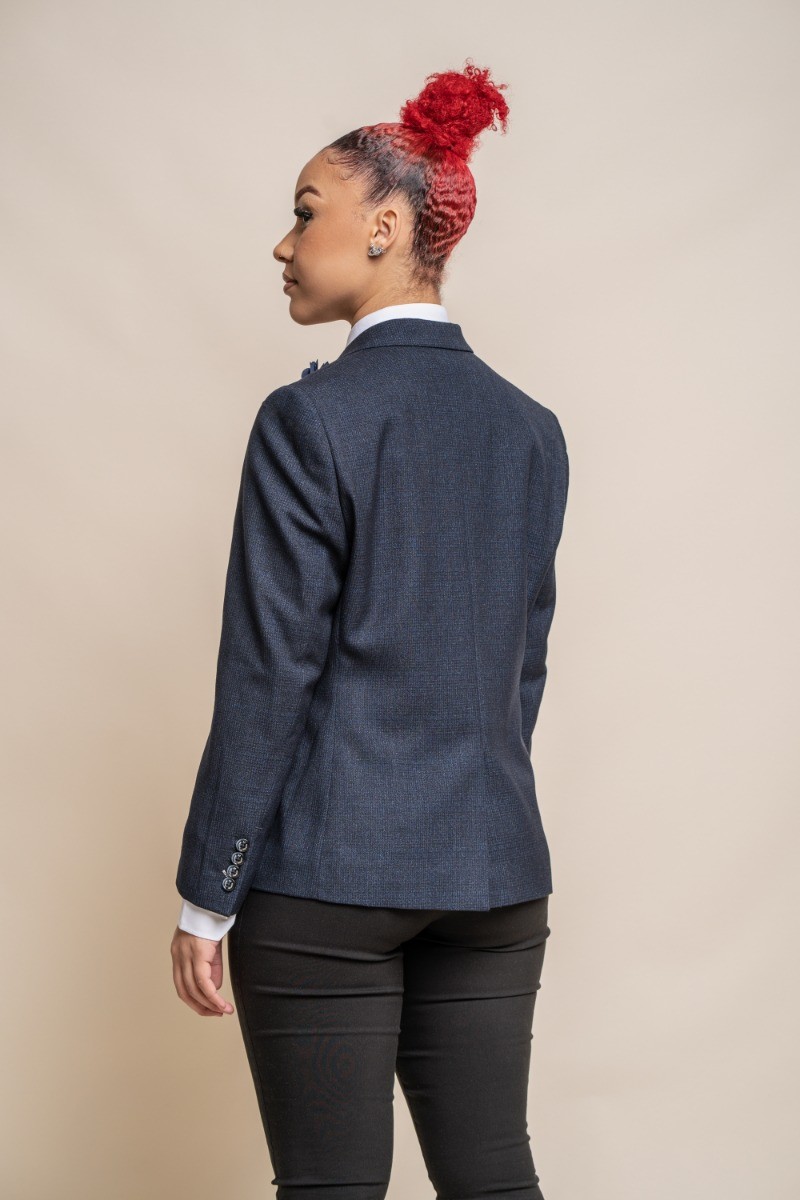 Women's Slim Fit Houndstooth Check Blazer - CARIDI - Navy Blue