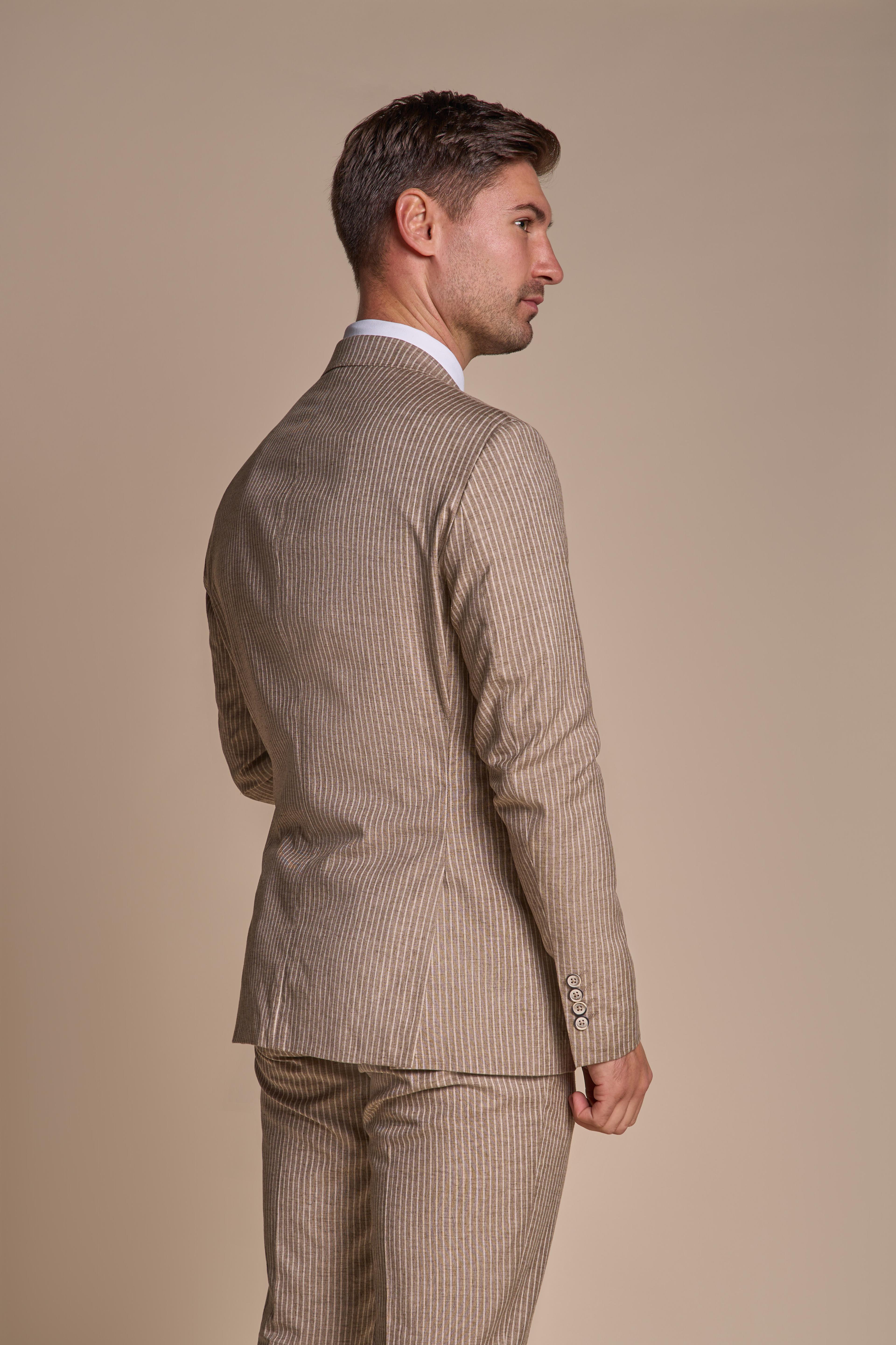 Men’s Slim Fit Pinstripe Beige Suit Jacket – KRAKEN Sand