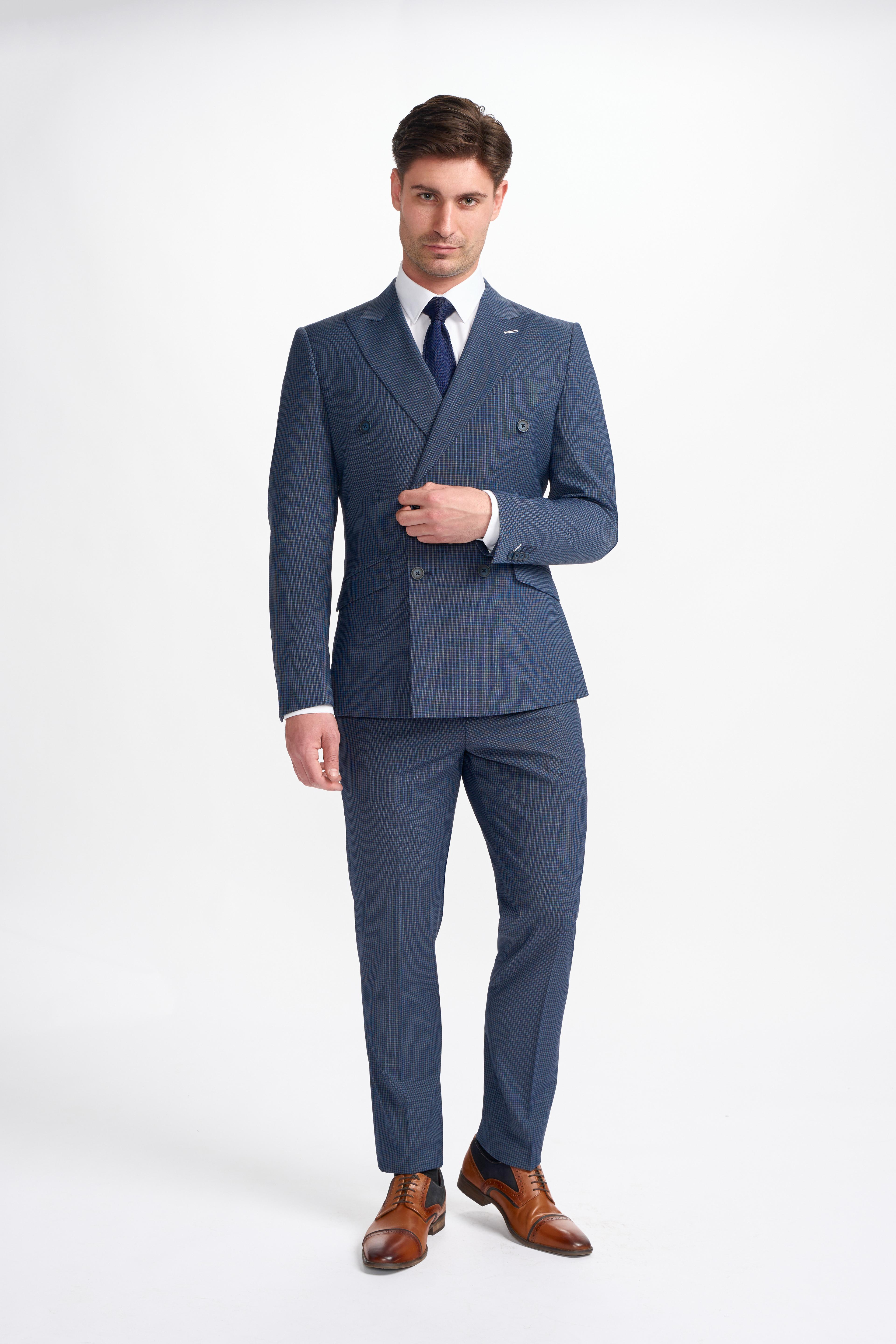 Men’s Double-breasted Check Navy Suit – BOND D/B