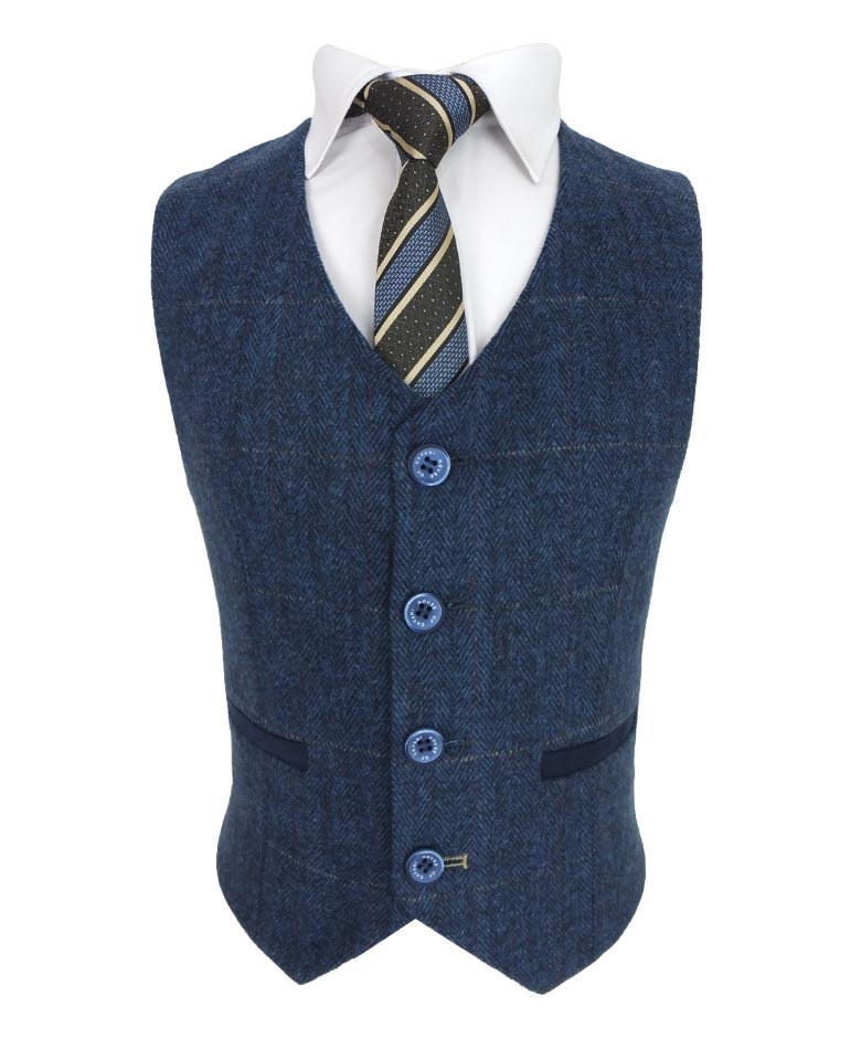 Boys Slim Fit Herringbone Tweed Blue Suit - CARNEGI