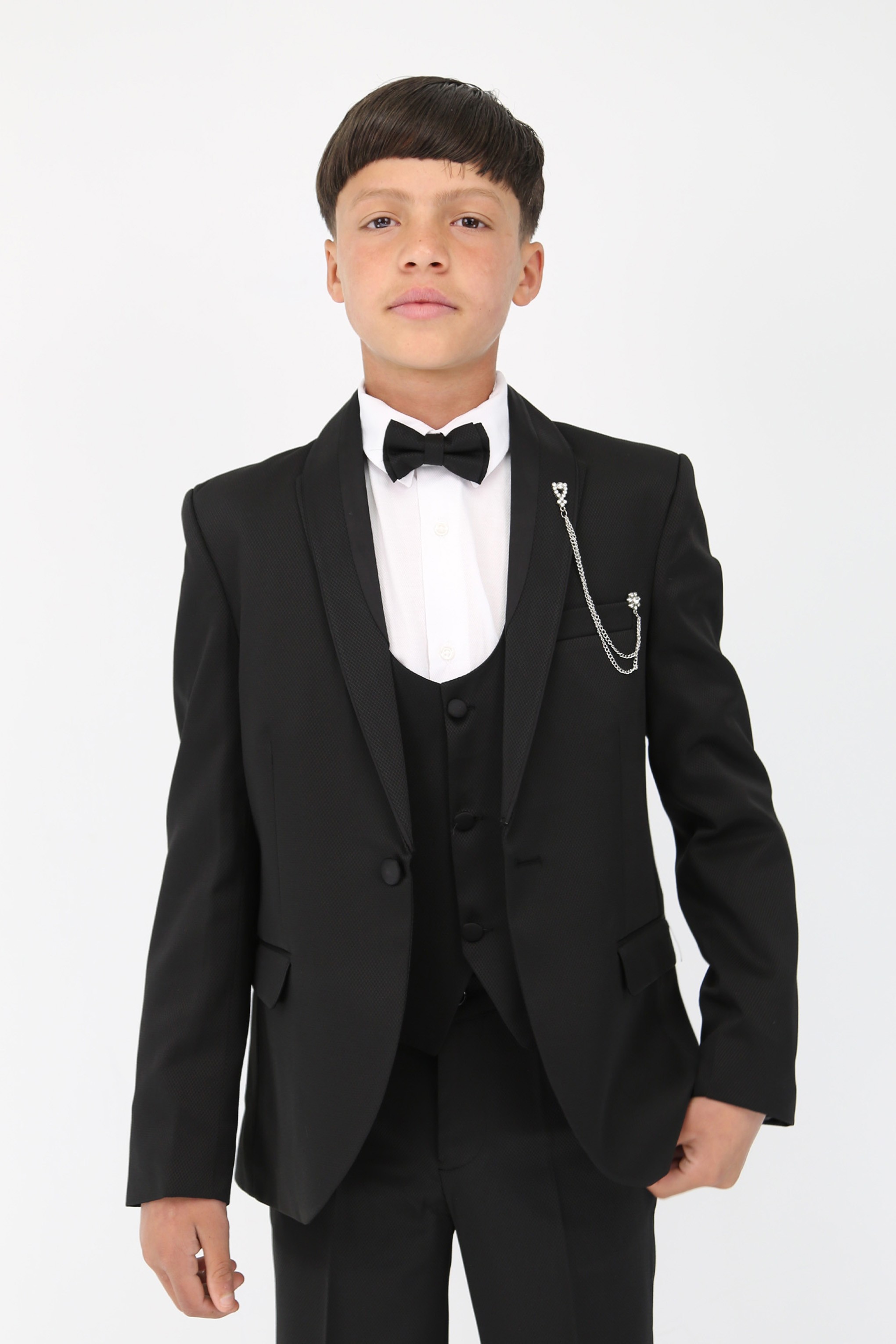 Boys' Satin Shawl Lapel Self-Patterned Tuxedo Suit, 6-Piece Set 