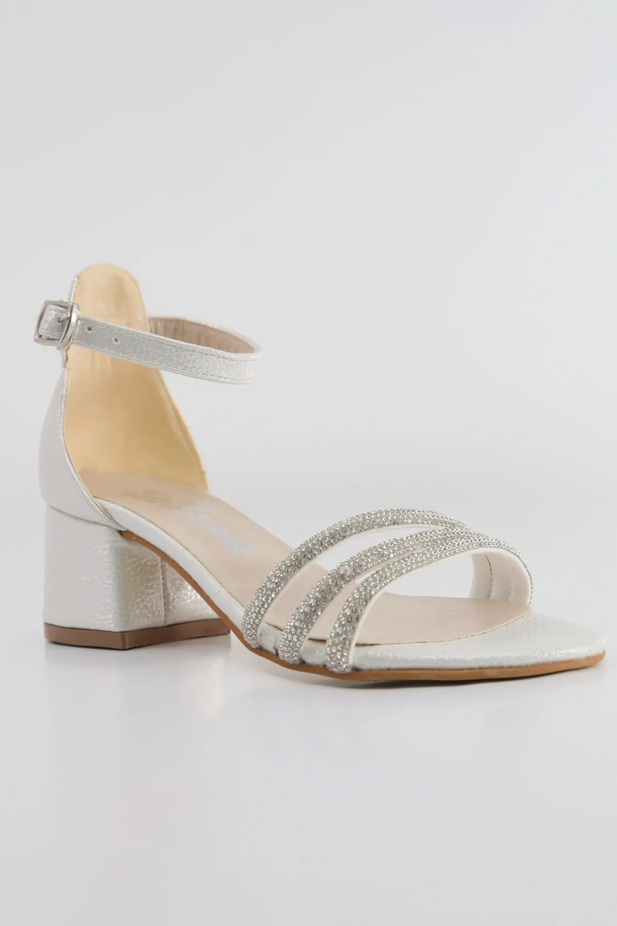 Girls' Textured Block-Heel Sandals with Rhinestone Straps - TWINKLE - White