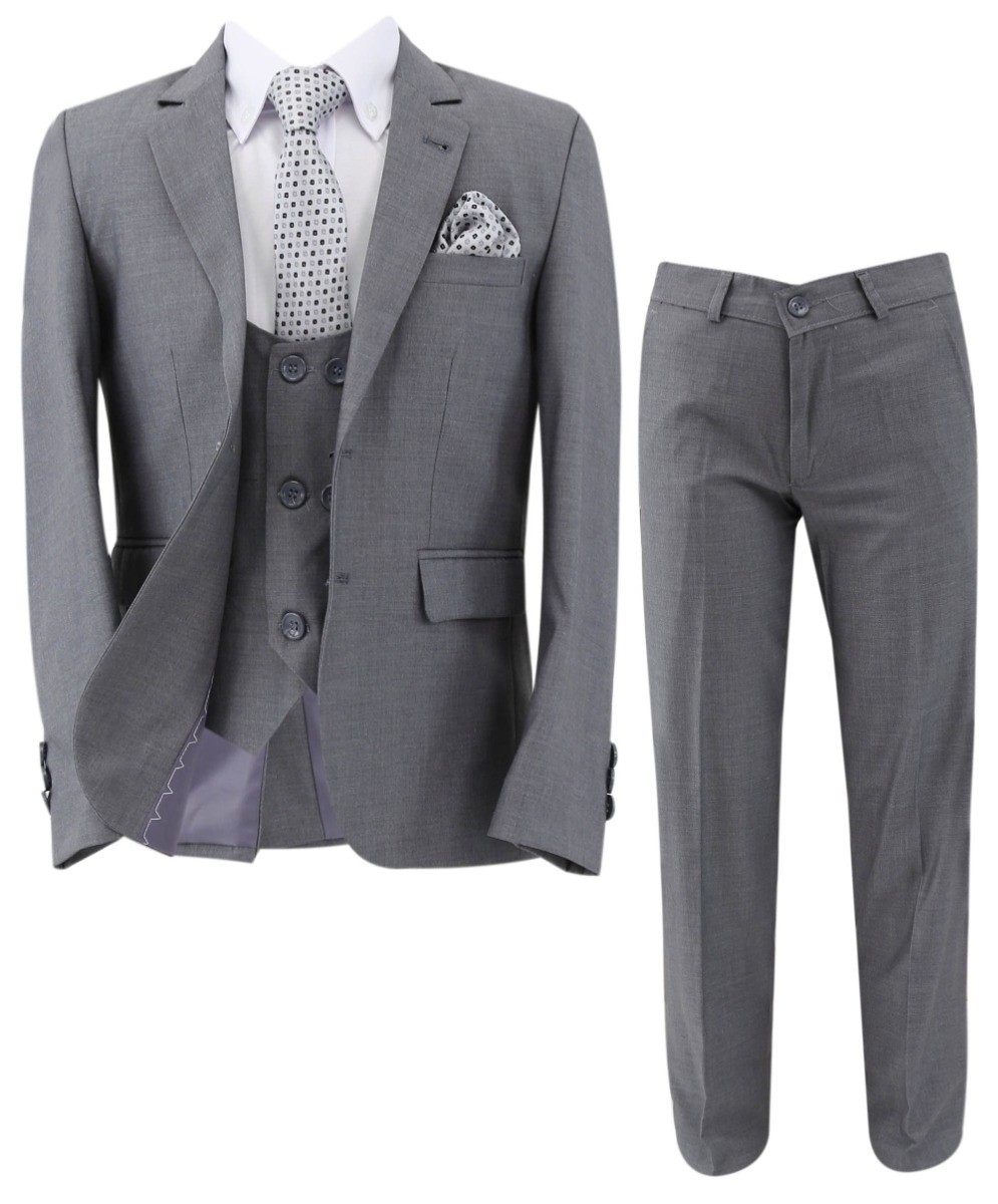Boys Slim Fit 7 Piece Full Suit Set - Kenny - Grey