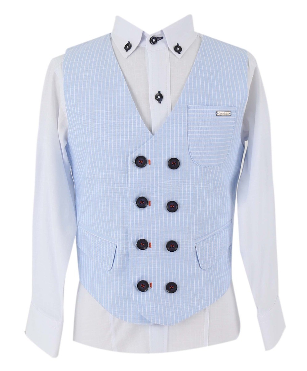 Boys Cotton Linen Pinstrip Waistcoat Suit Set - Baby Blue
