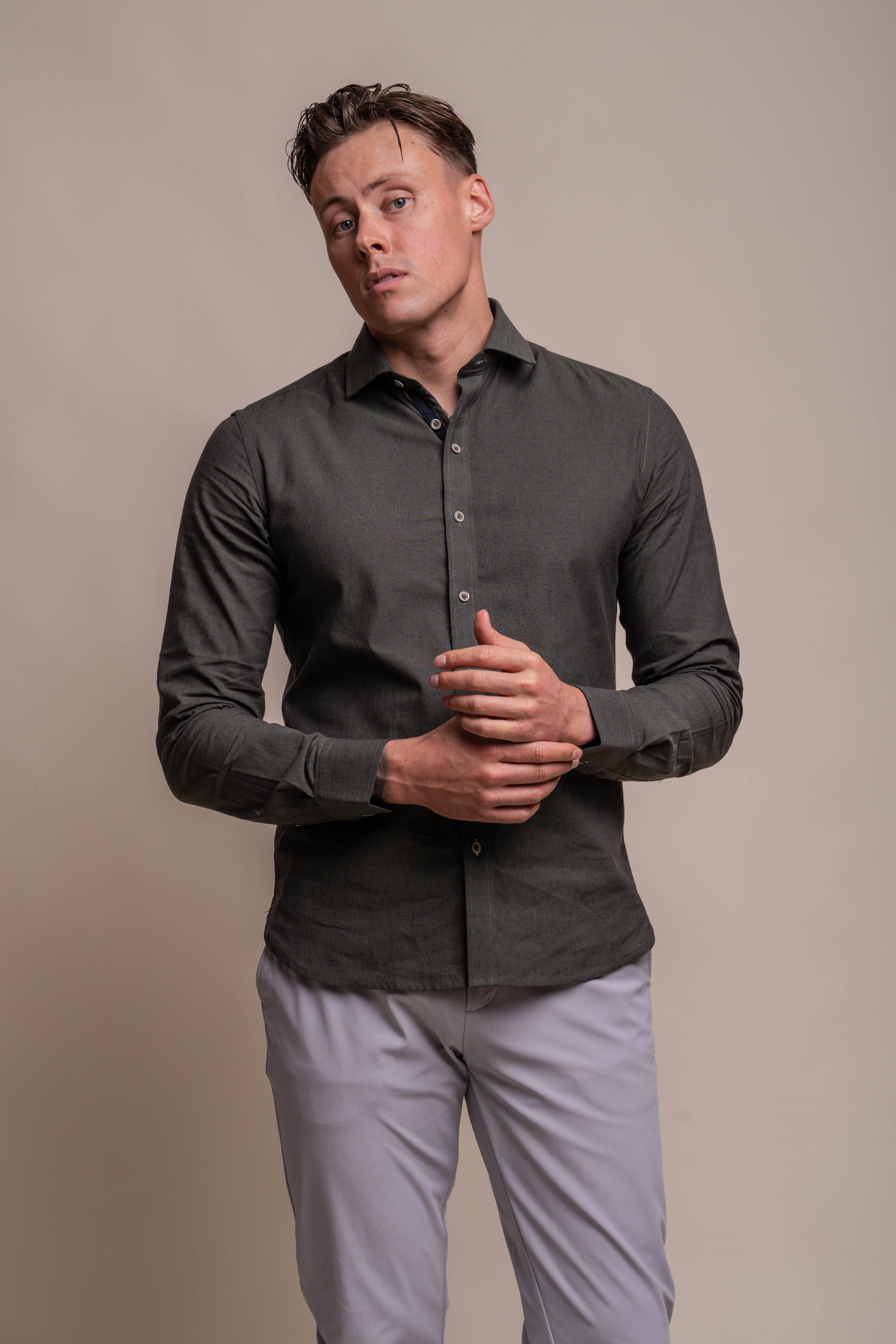 Men's Long Sleeves Linen Shirt - JORDI - Olive Green