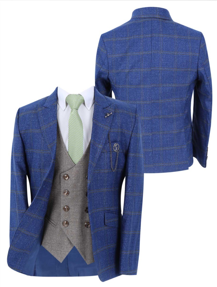 Boys Windowpane Check Slim Fit Suit Set - Blue