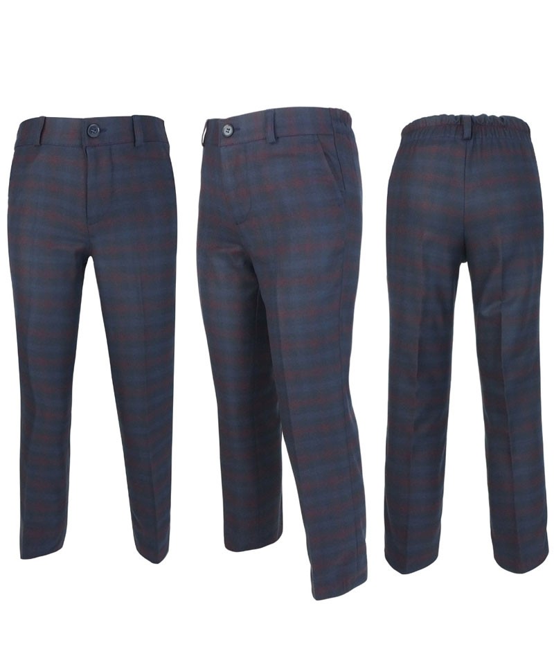 Boys Tailored Fit Retro Check Navy Suit