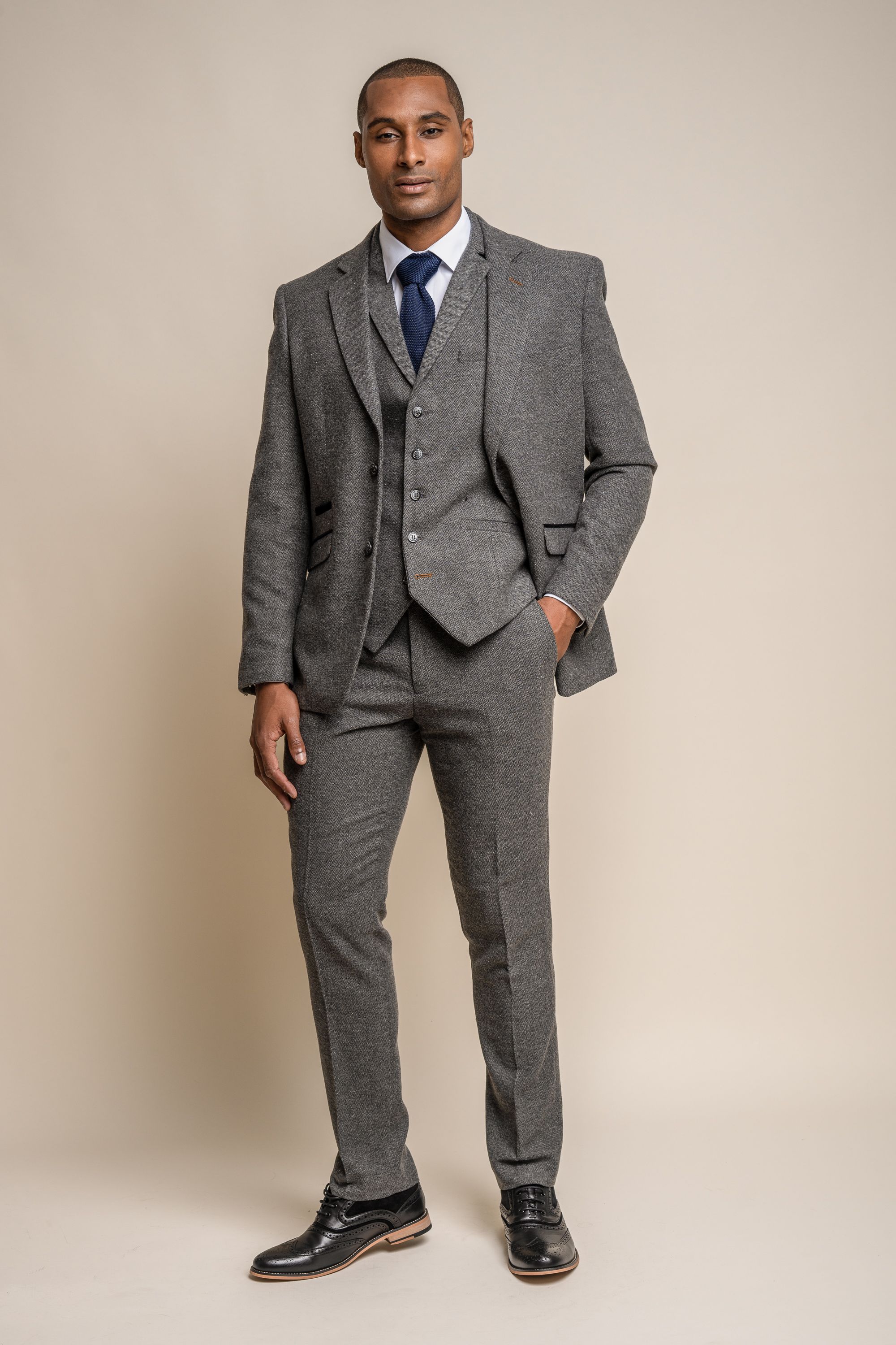 Men's Herringbone Tweed Slim Fit Suit Jacket - MARTEZ - Grey