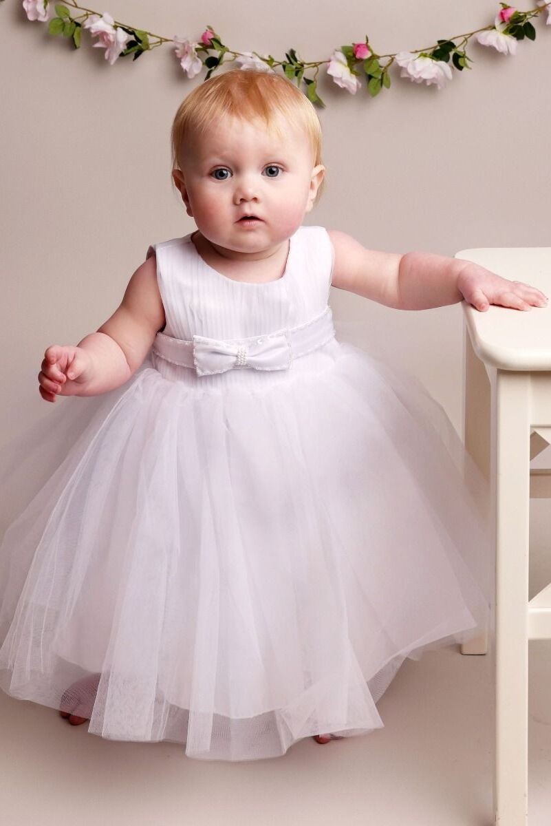 Baby Girls Pleated Bodice Christening Dress - CINDY - White