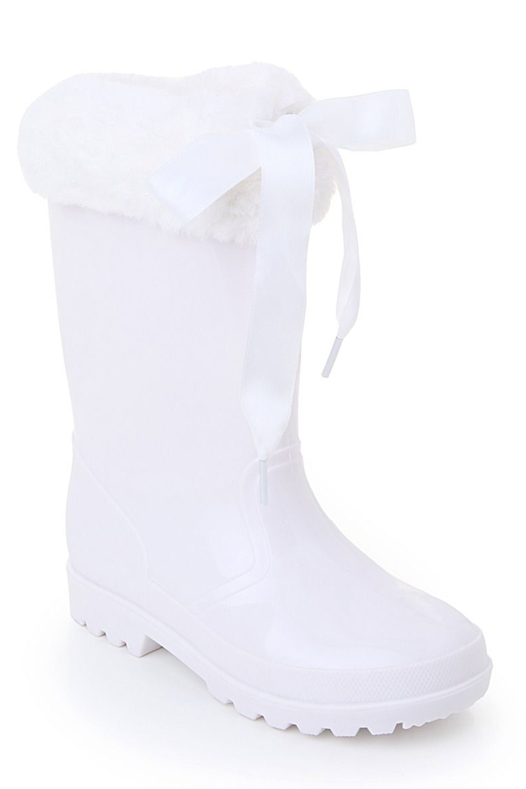 Girls' Ribbon Wellington Boots with Faux Fur, Waterproof Wellies – VIVIAN - White