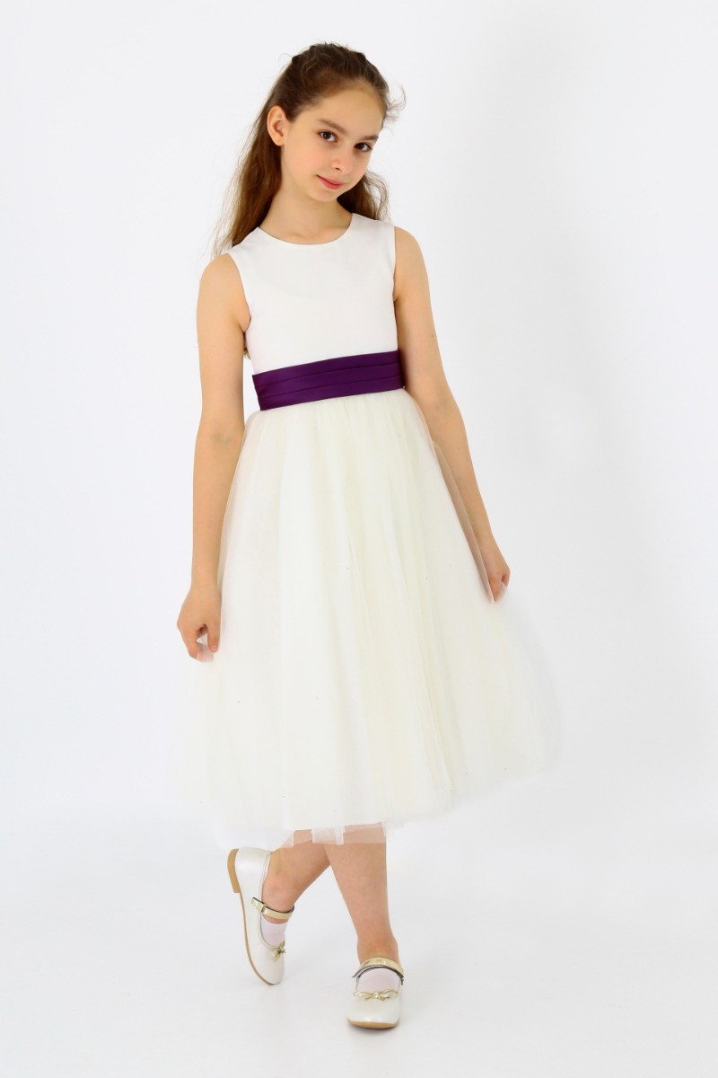 Flower Girls Sleeveless Tulle Communion Dress - White - Purple