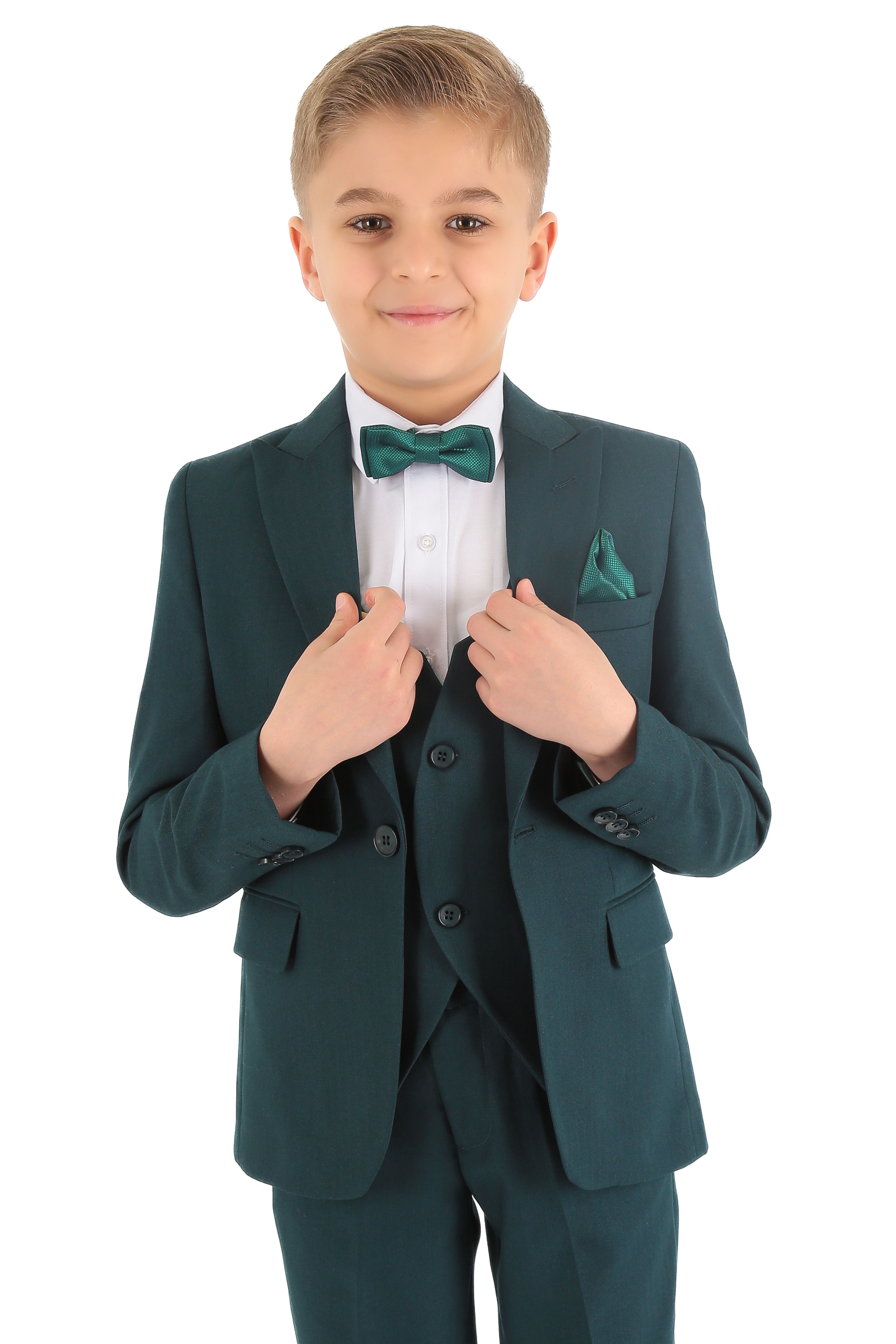 Boys Slim Fit Herringbone 8 Piece Suit Set - KING - Emerald Green