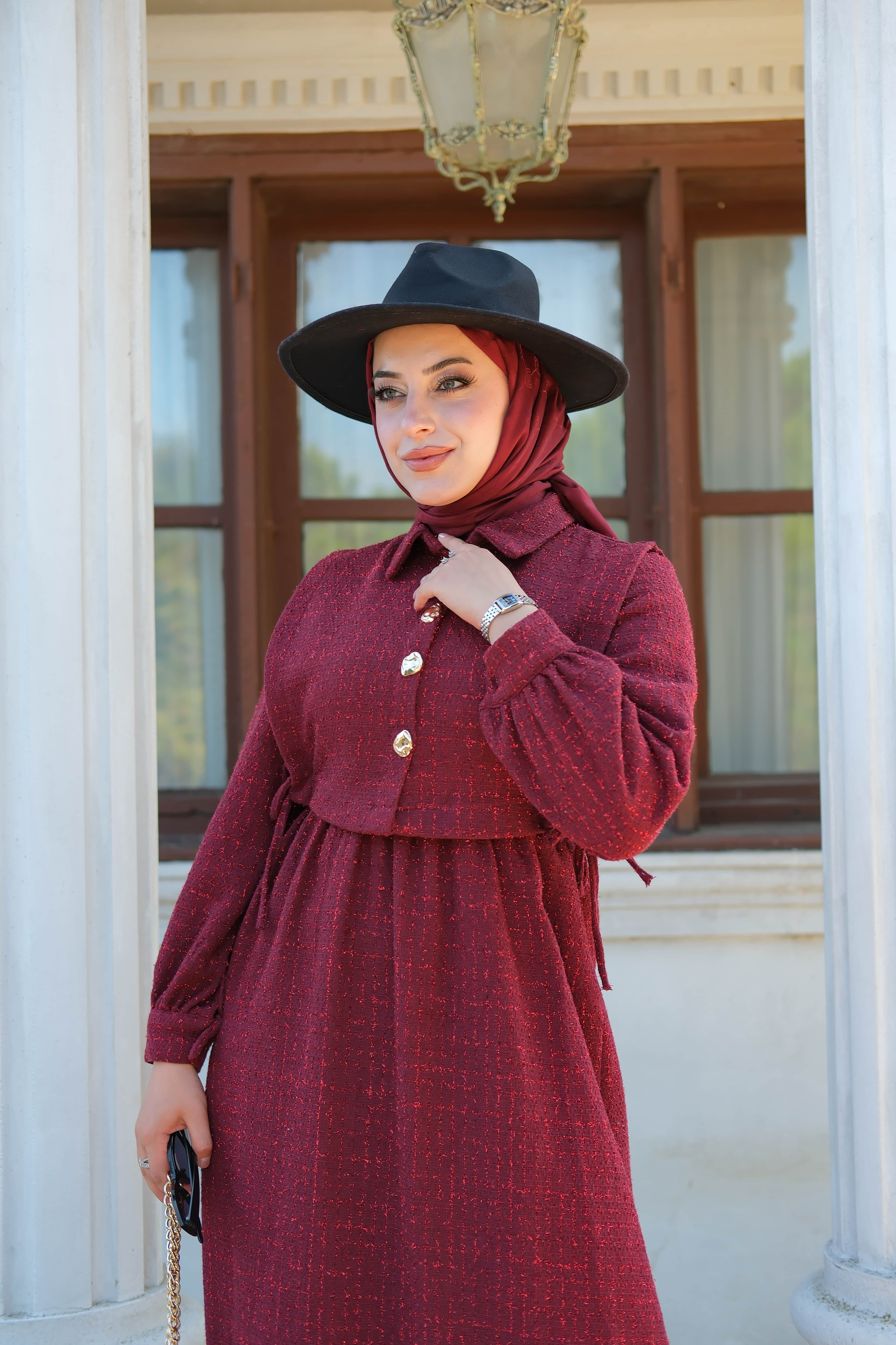 Chanel Detay Elbise Bordo ELB170