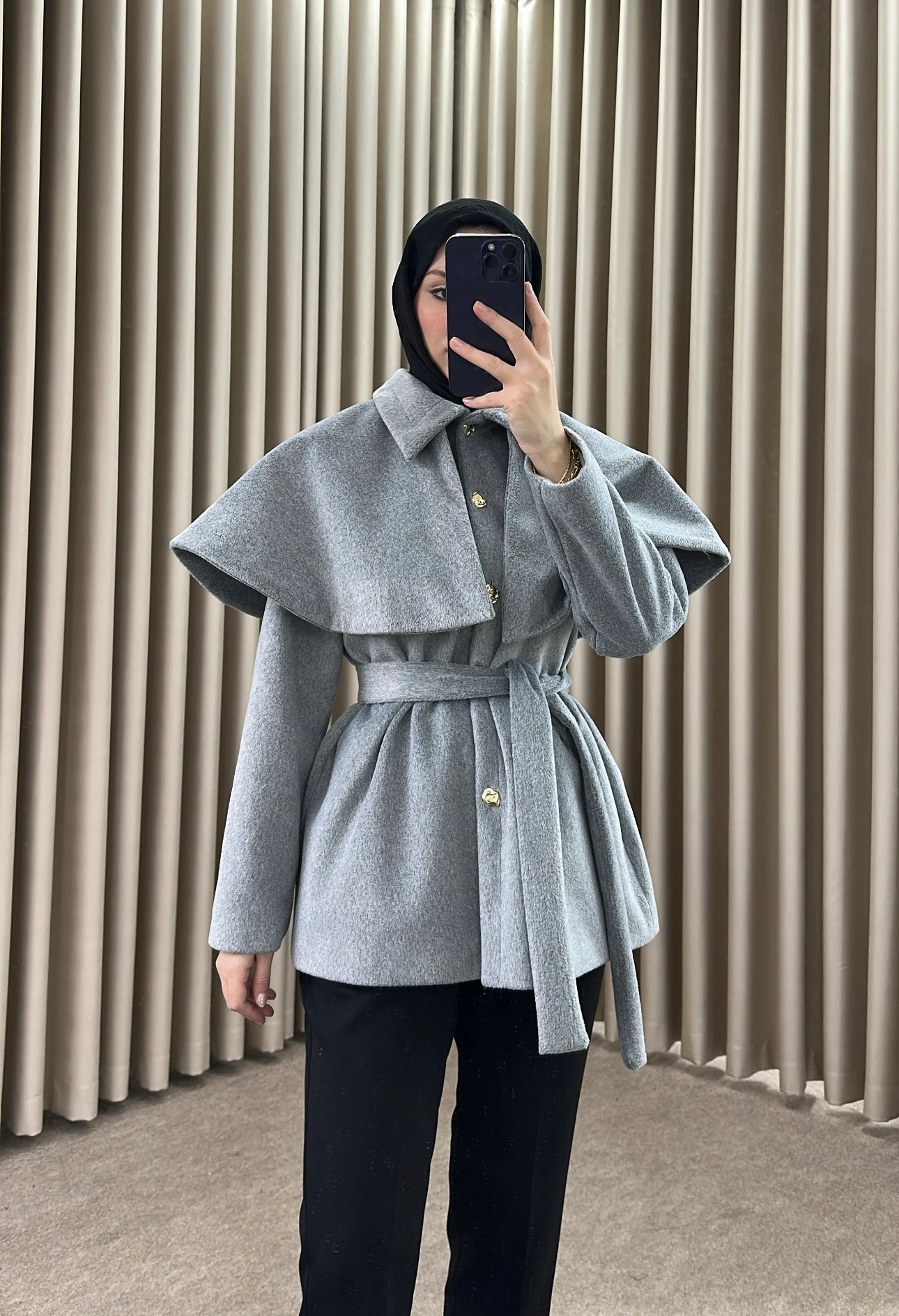 FLY PELERİN DETAYLI KAŞE KABAN GRİ K28