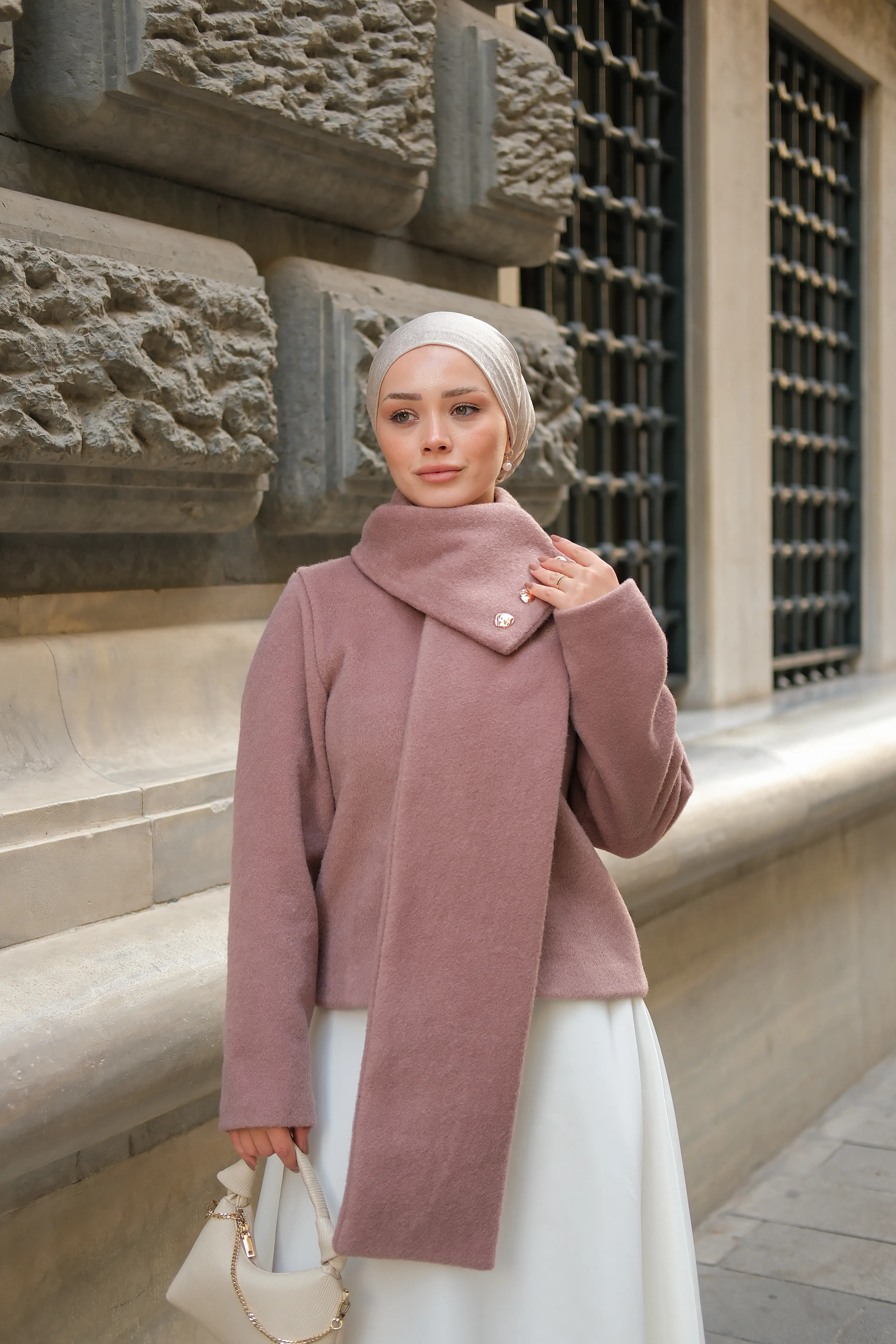 Kaşkol Detay Astarlı Kaban Gül Kurusu K25