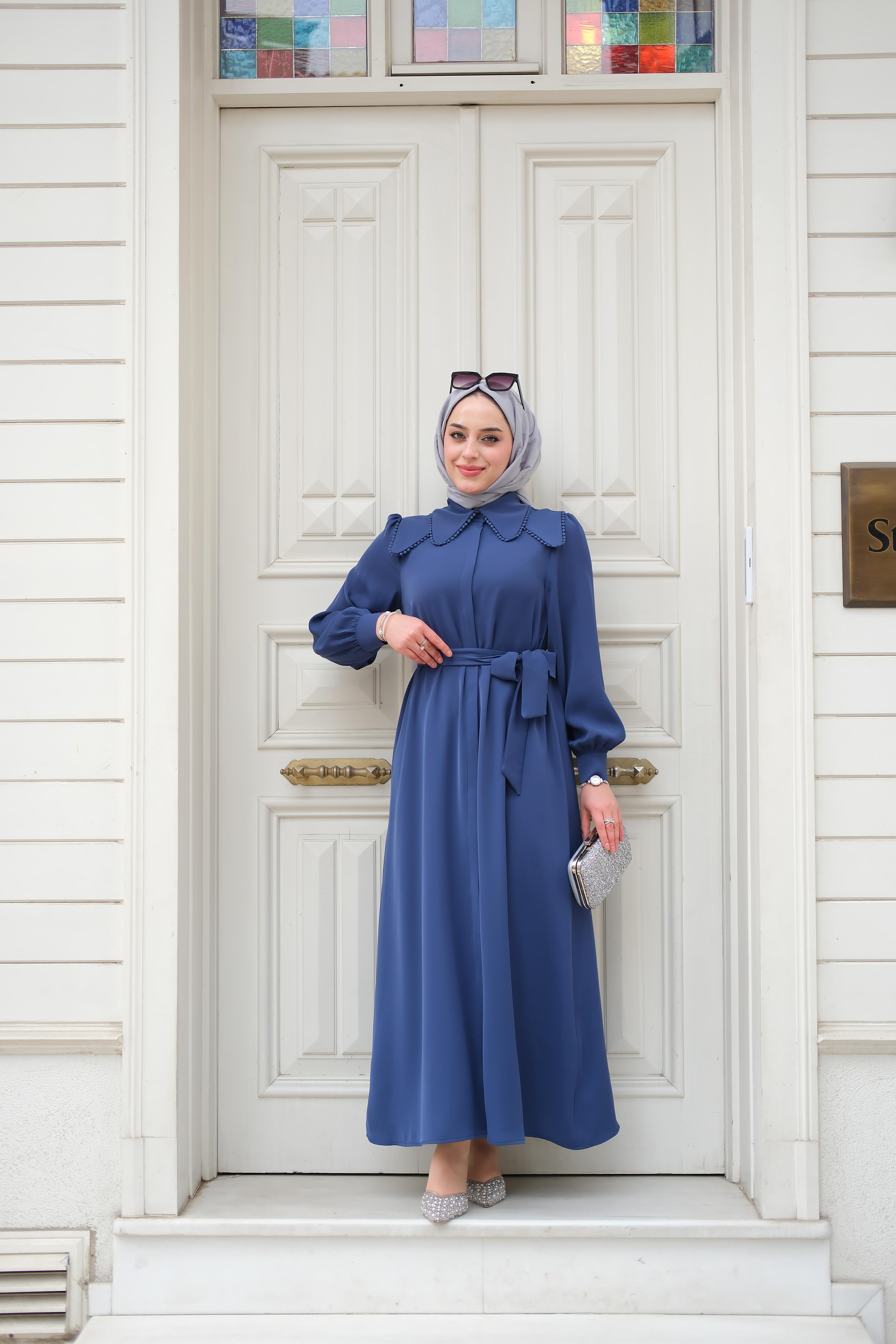 Stella Saten İpek Elbise Lacivert ELB34