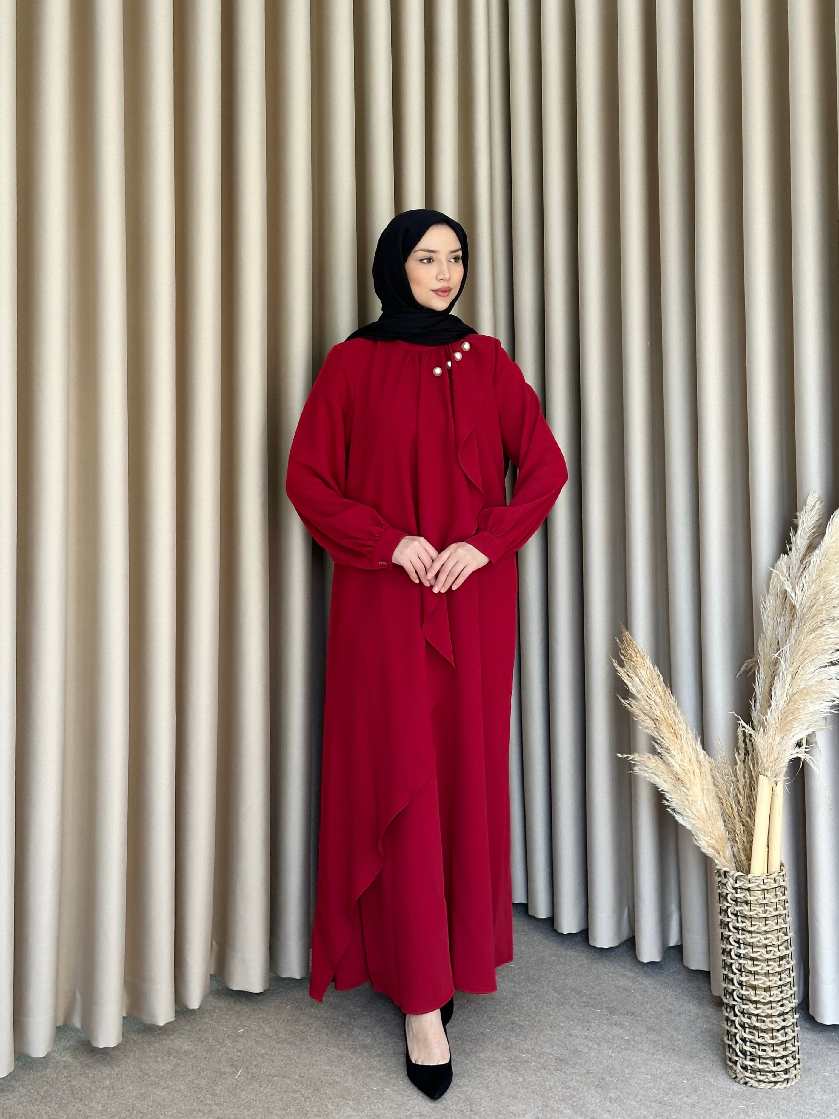İncili Crep Elbise Bordo ELB80