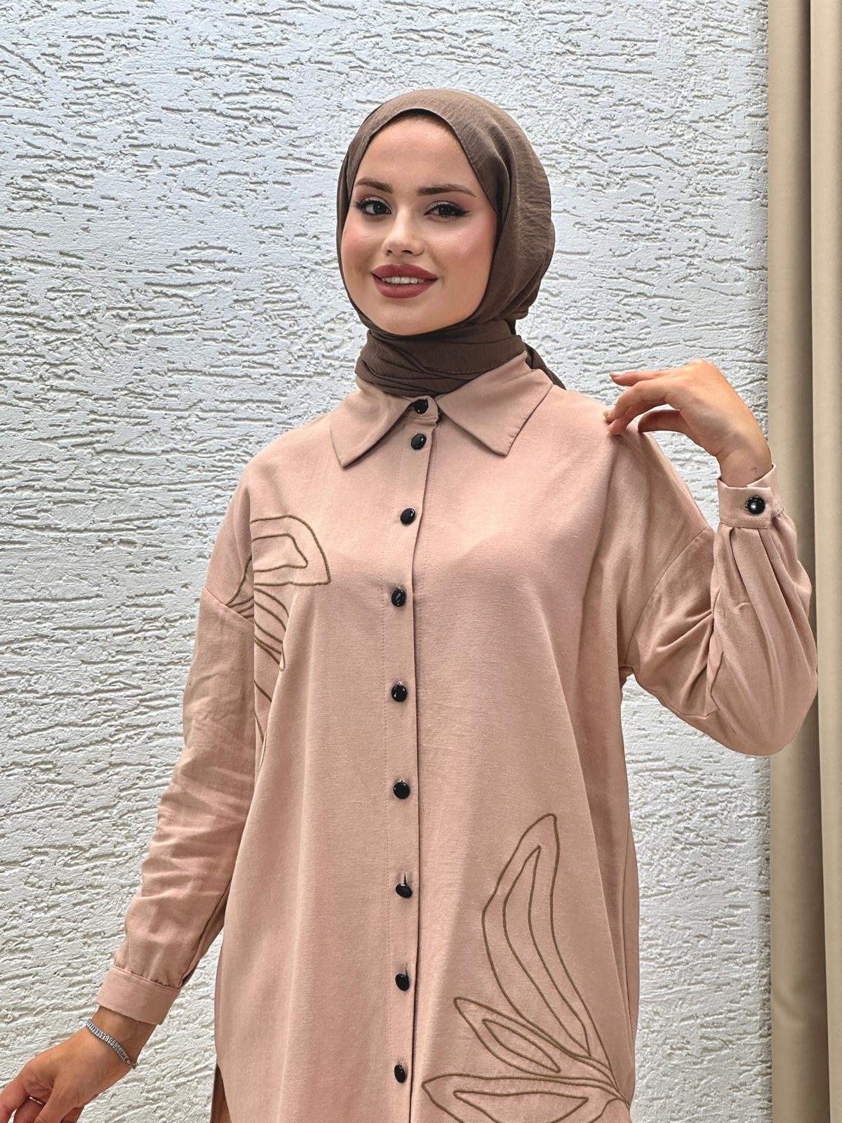 Poplin Kumaş Nakış İşlemeli Caty Takım Kahverengi T3