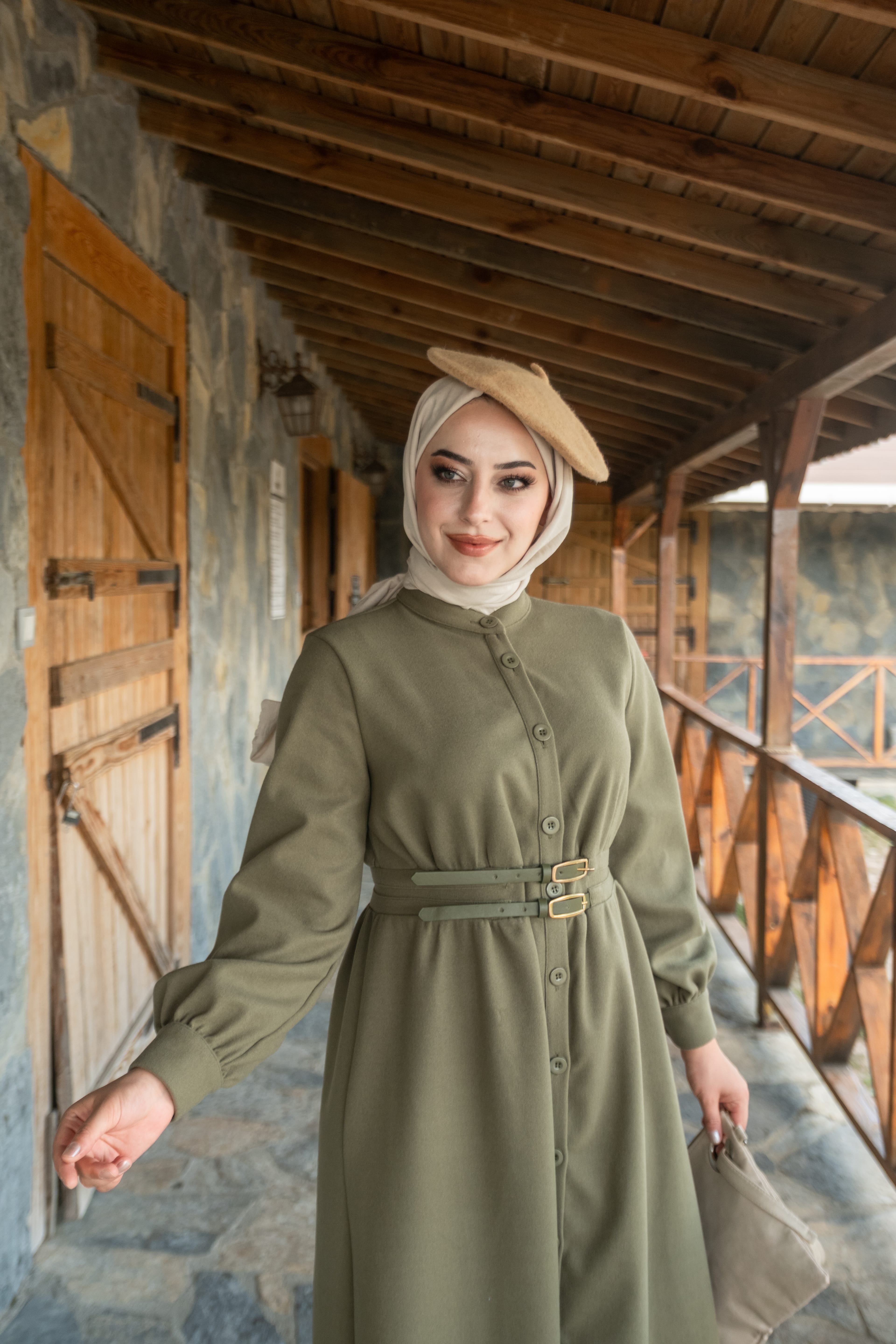 2 Kemerli Kaşe Elbise Yeşil K10