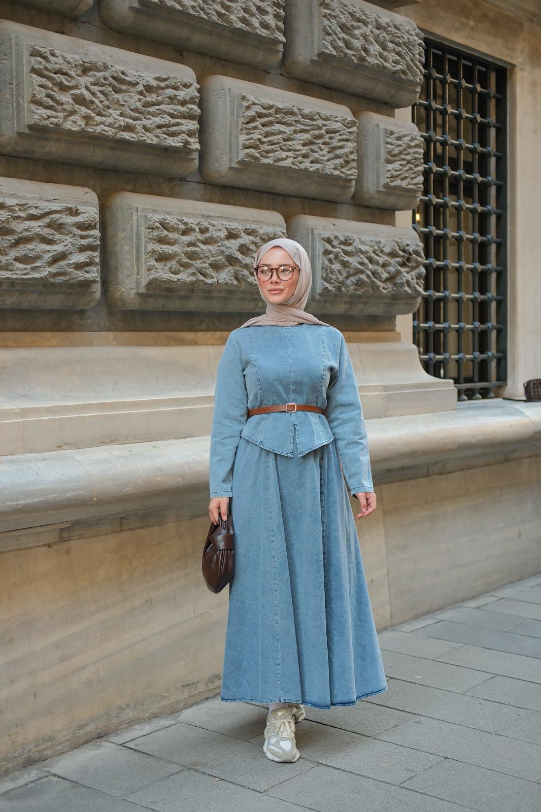 Noa Seyyar Kemer Detaylı Denim Takım -Buz Mavisi