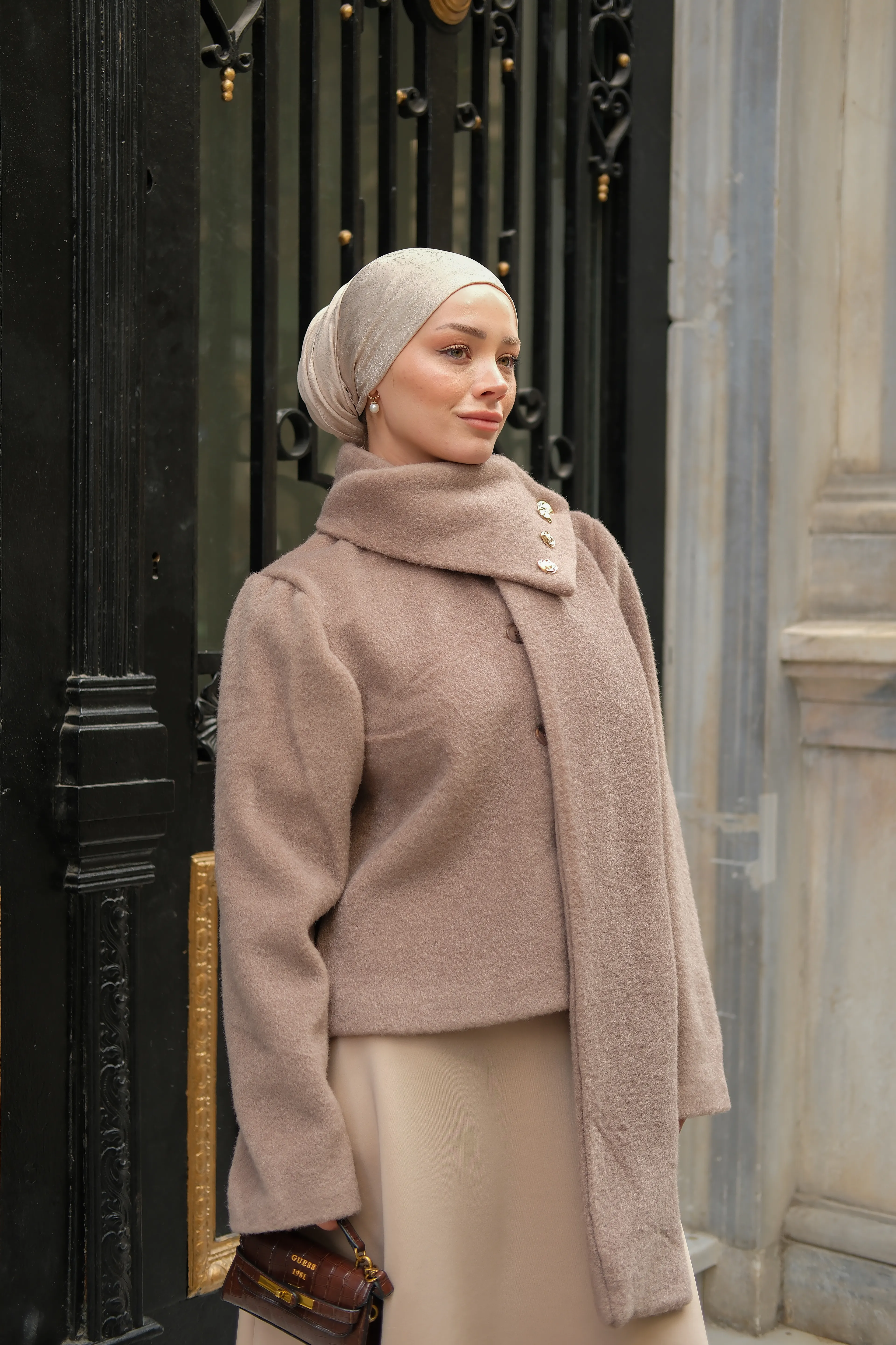 Kaşkol Detay Astarlı Kaban Bej K25