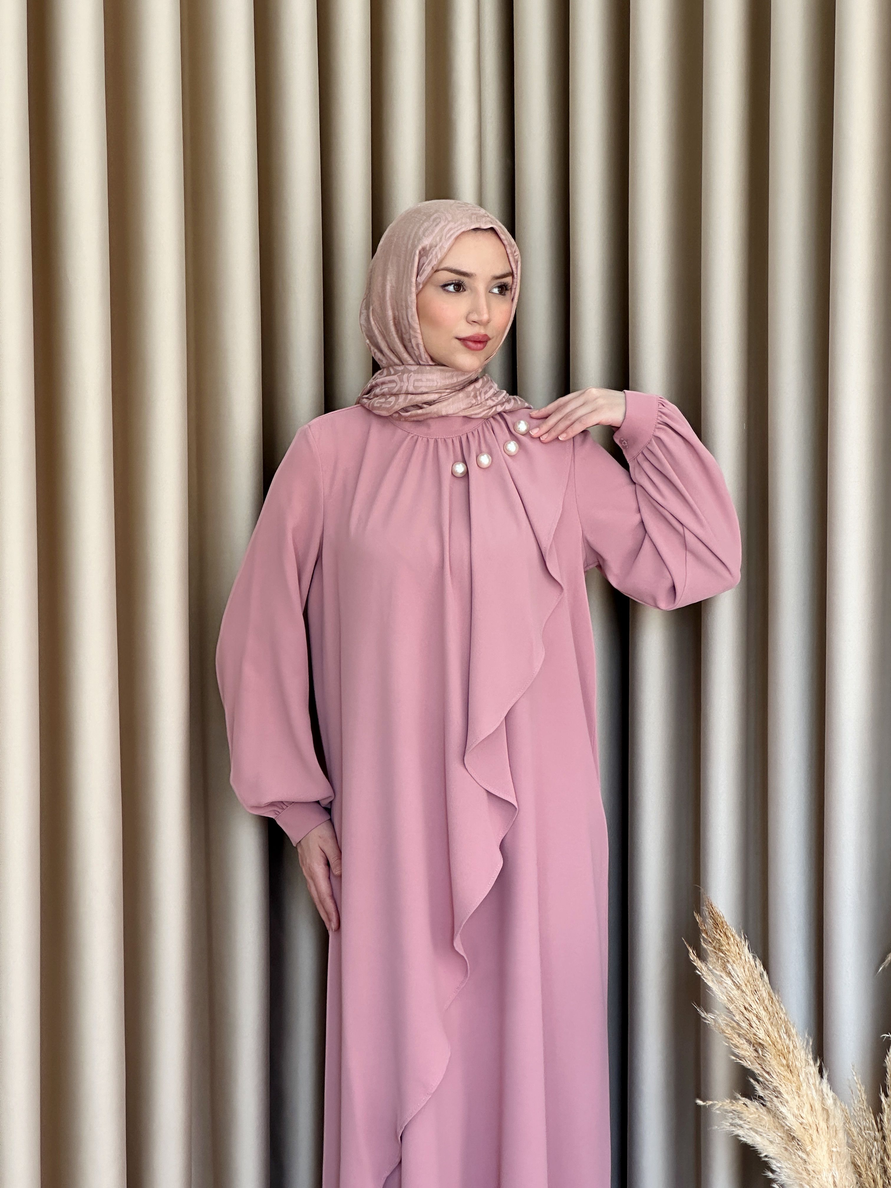 İncili Crep Elbise Toz Pembe ELB80