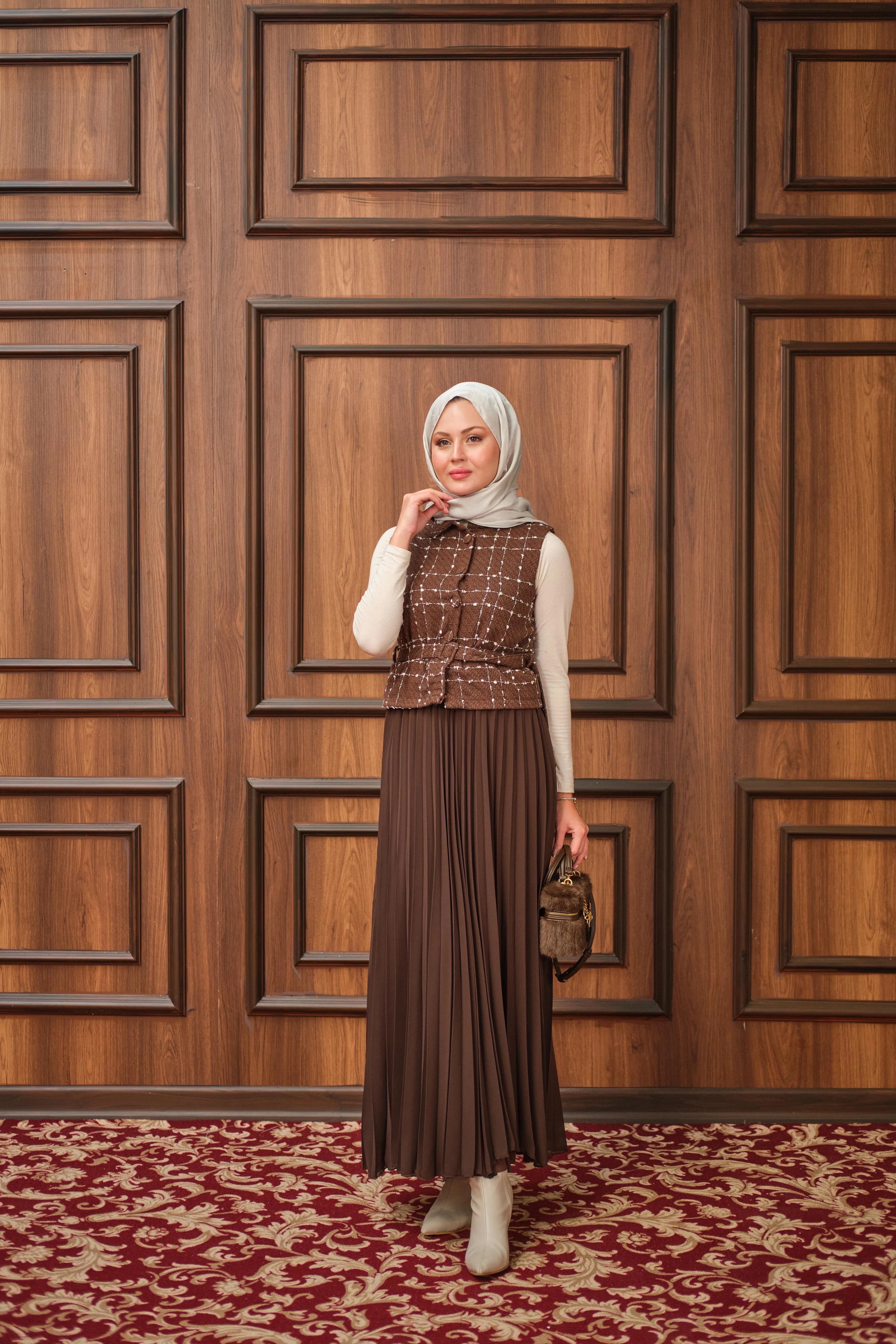 Luva Pileli Elbise - Kahverengi