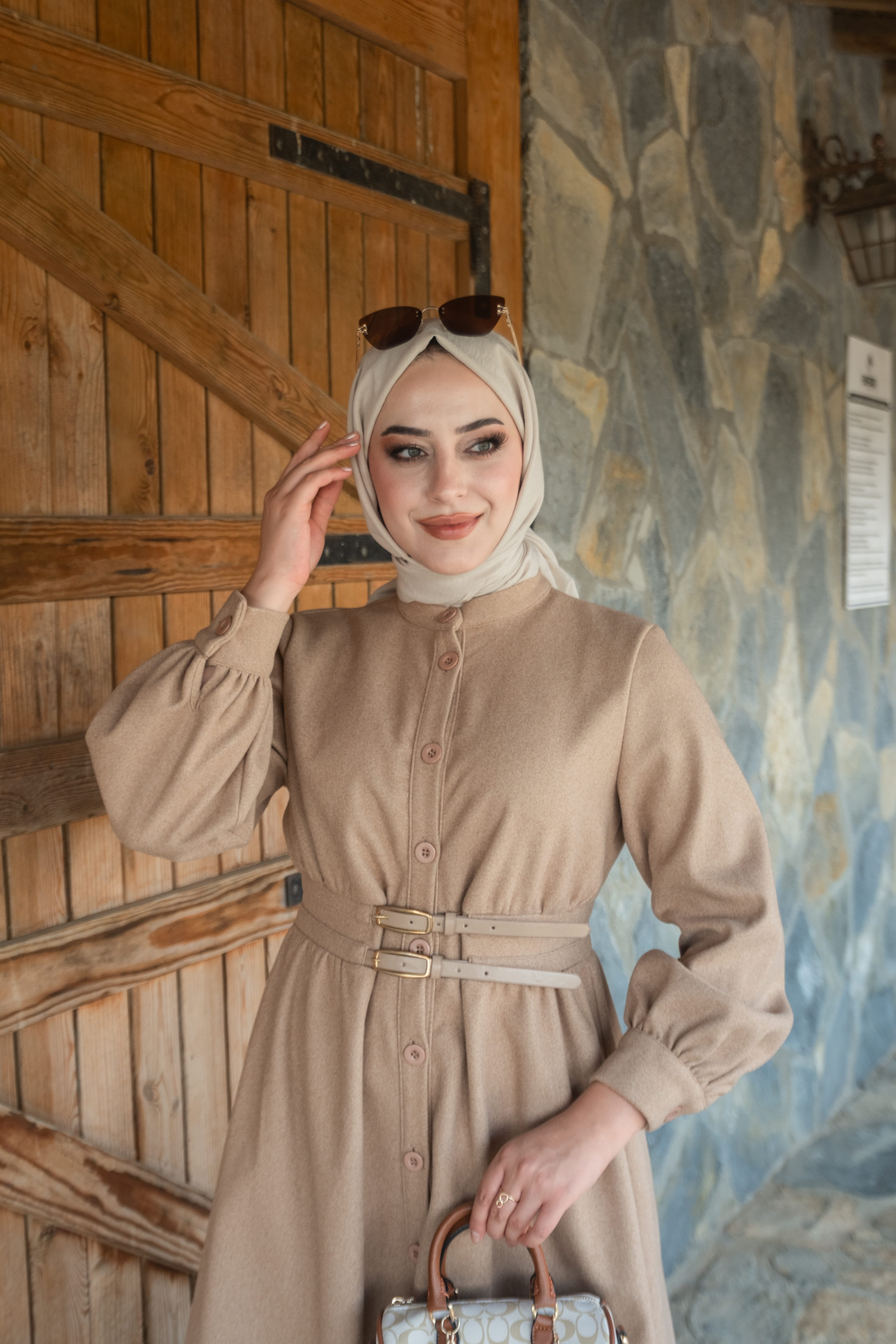 2 Kemerli Kaşe Elbise Kahve K10