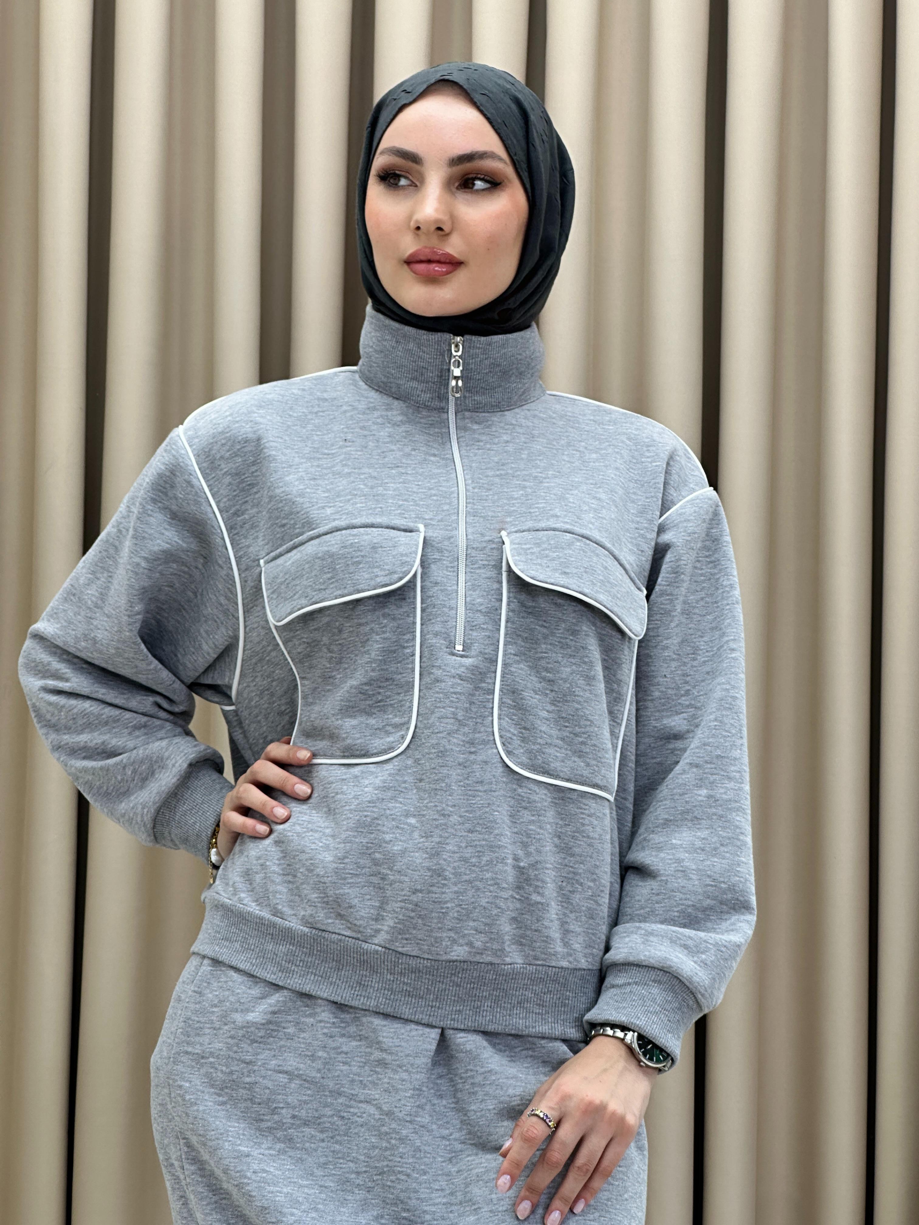 Şerit Detaylı Puf Takım Açık Gri T7