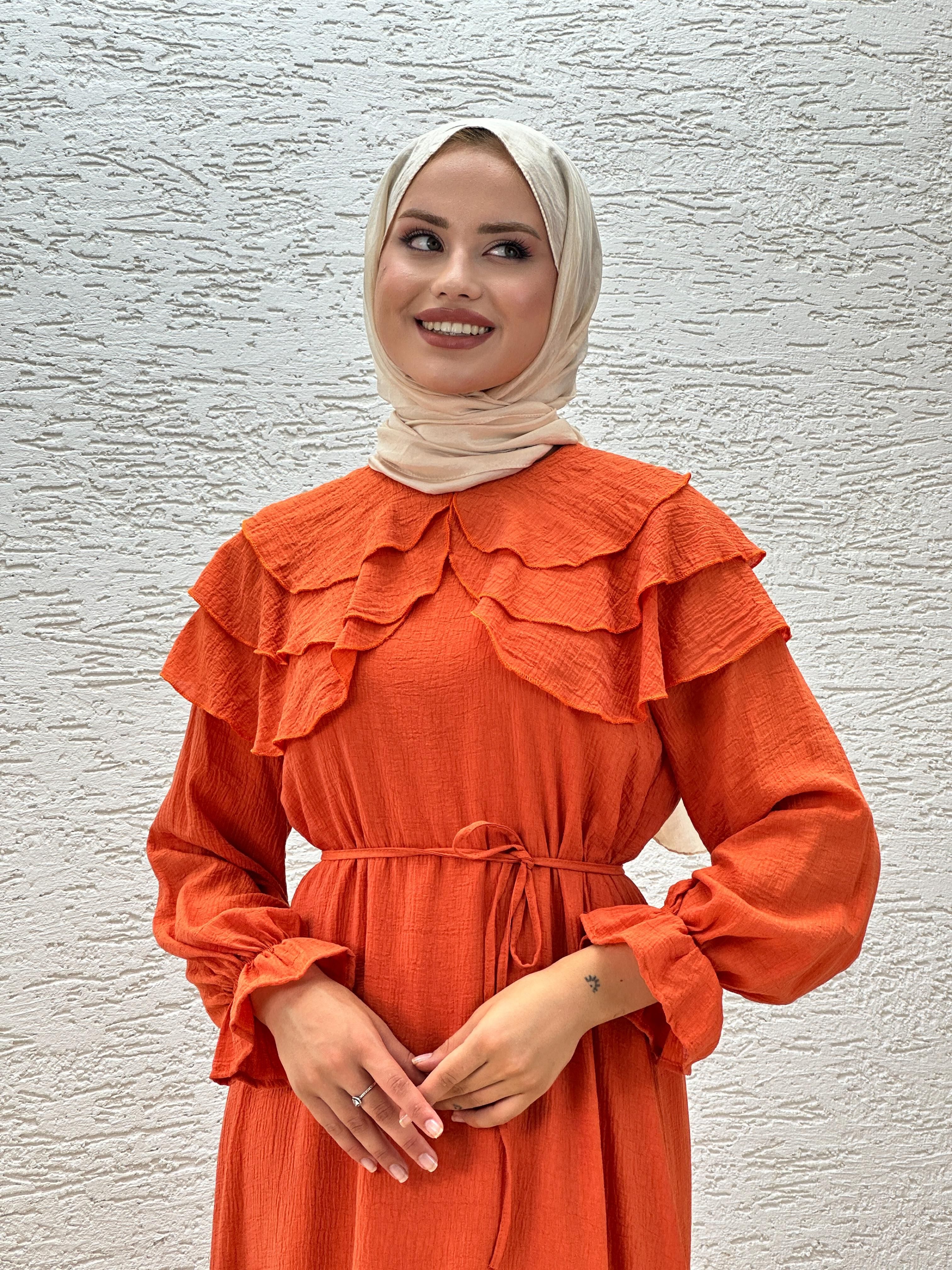 Omuzu Fırfırlı Tam Boy Elbise Turuncu ELB4